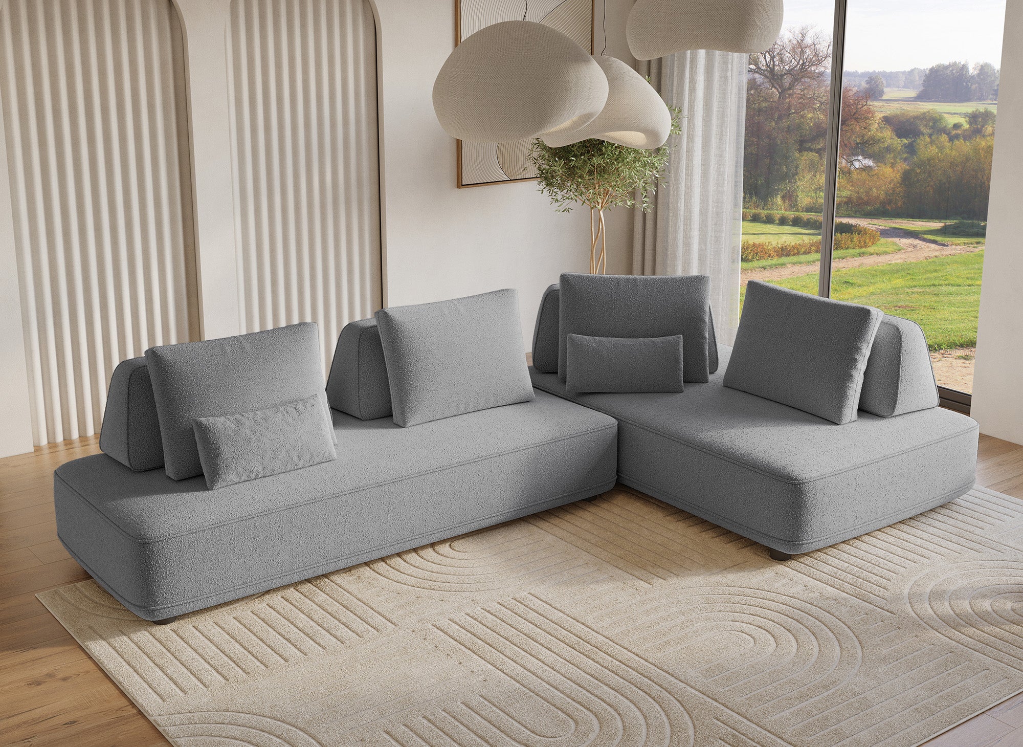 Wendbares Ecksofa aus grauem Bouclette-Stoff ISAORA