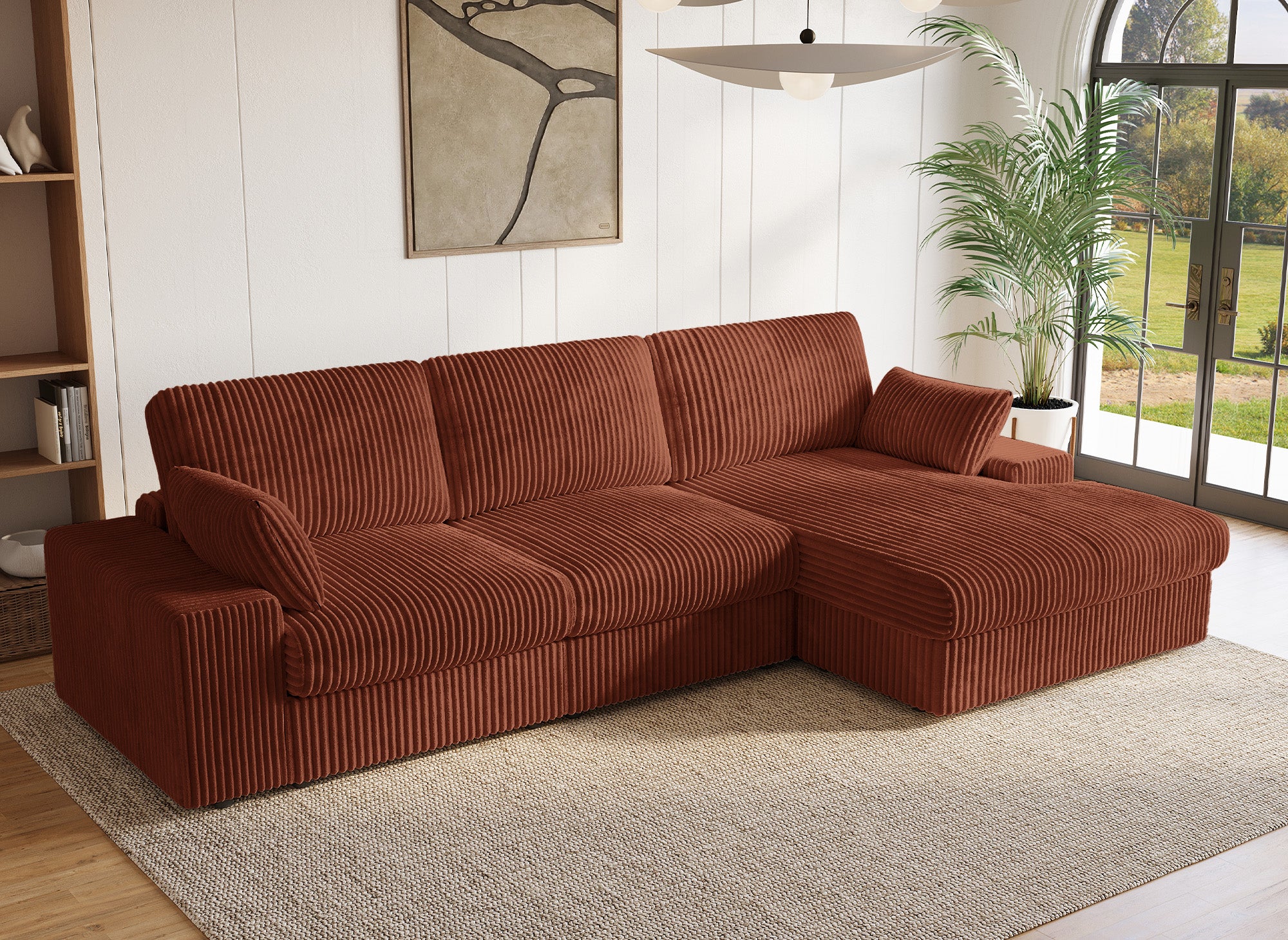 Wendbares Ecksofa SIRINA aus weichem Terrakotta-Rippstoff