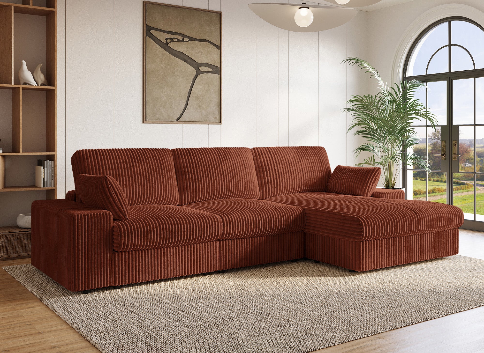 Wendbares Ecksofa SIRINA aus weichem Terrakotta-Rippstoff