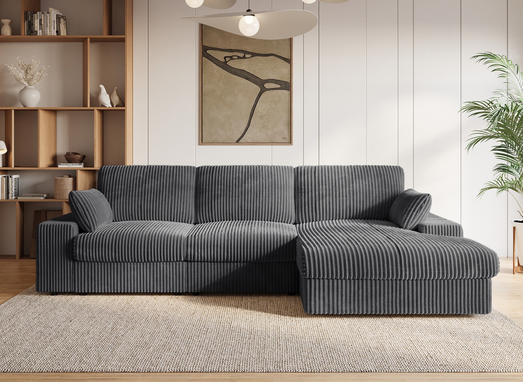 SIRINA weiches graues geripptes Wende-Ecksofa