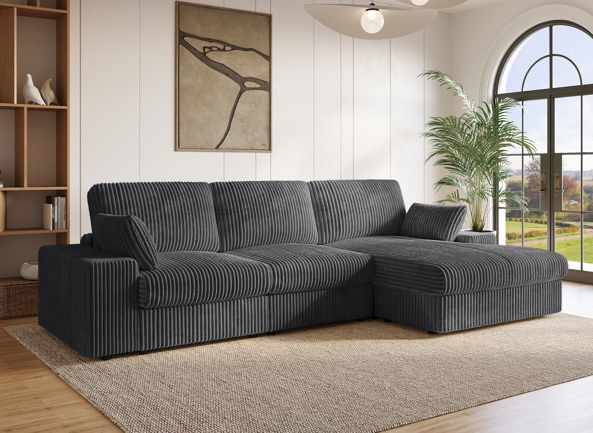 SIRINA weiches graues geripptes Wende-Ecksofa