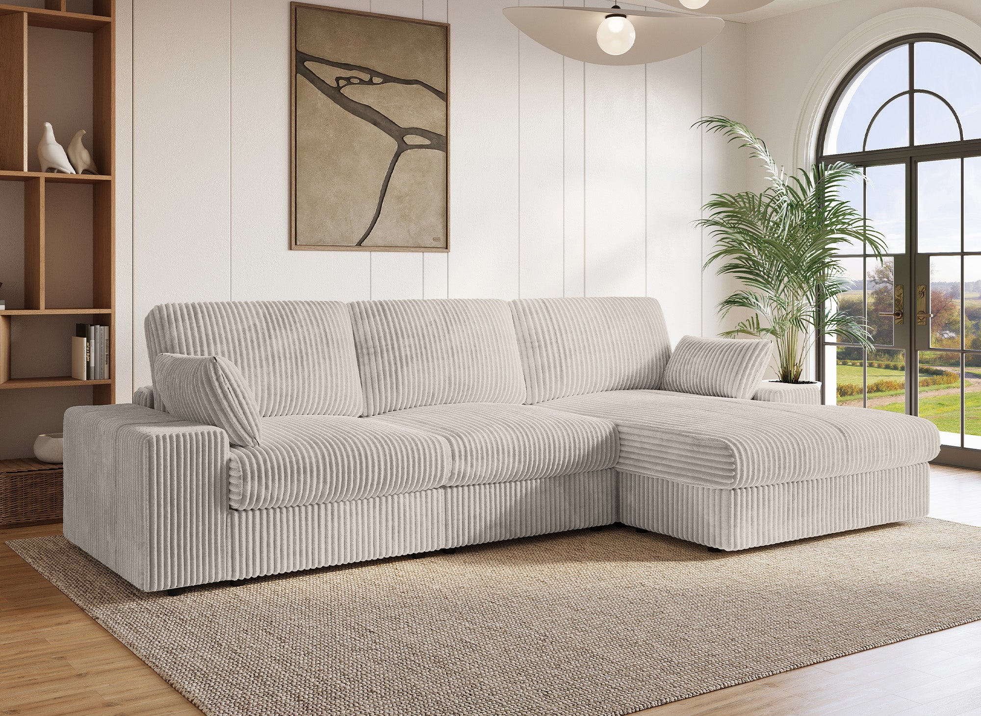 SIRINA weiches beige geripptes Wende-Ecksofa