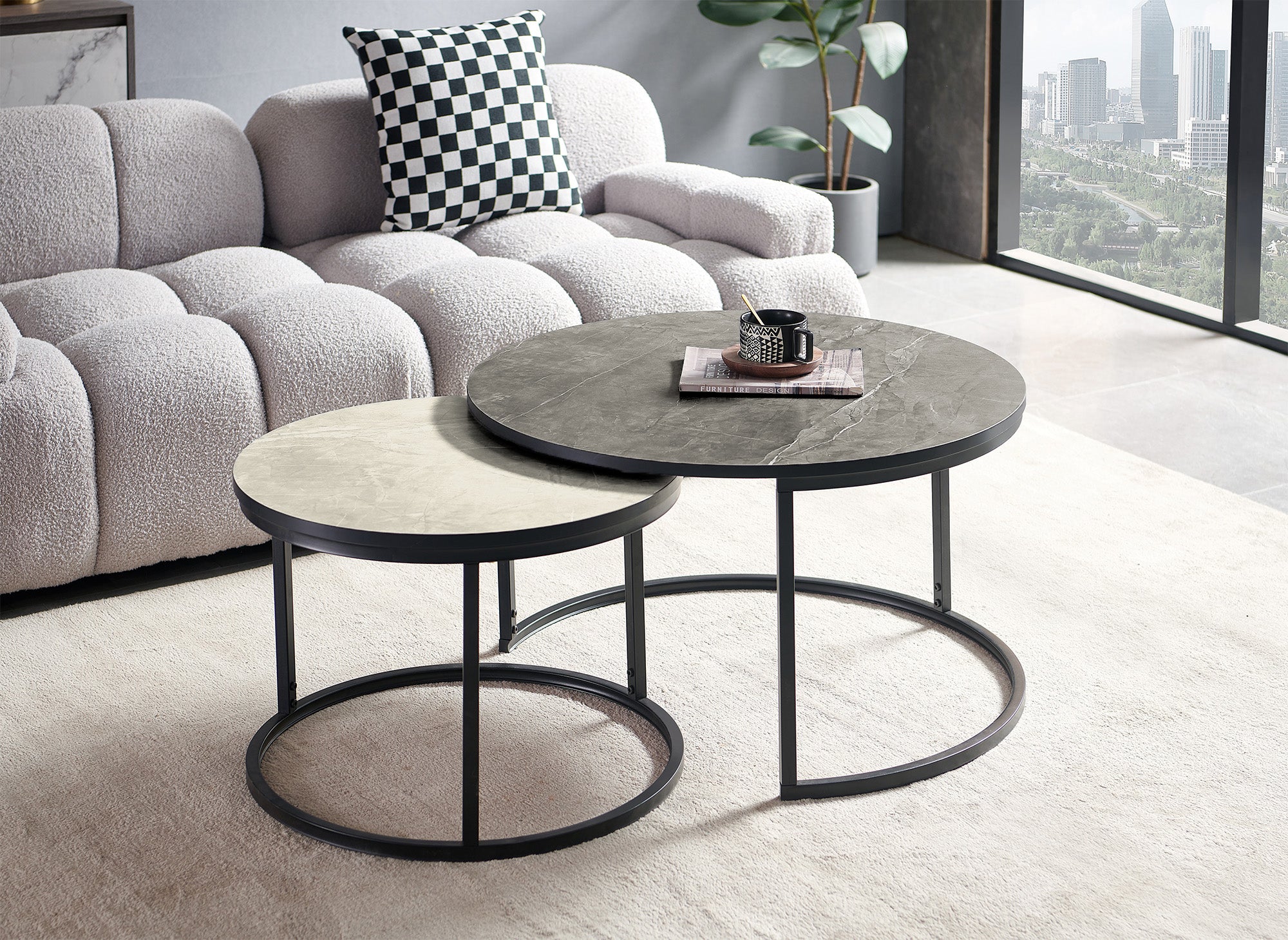 2er-Set runder Couchtische in Marmoroptik DORINE