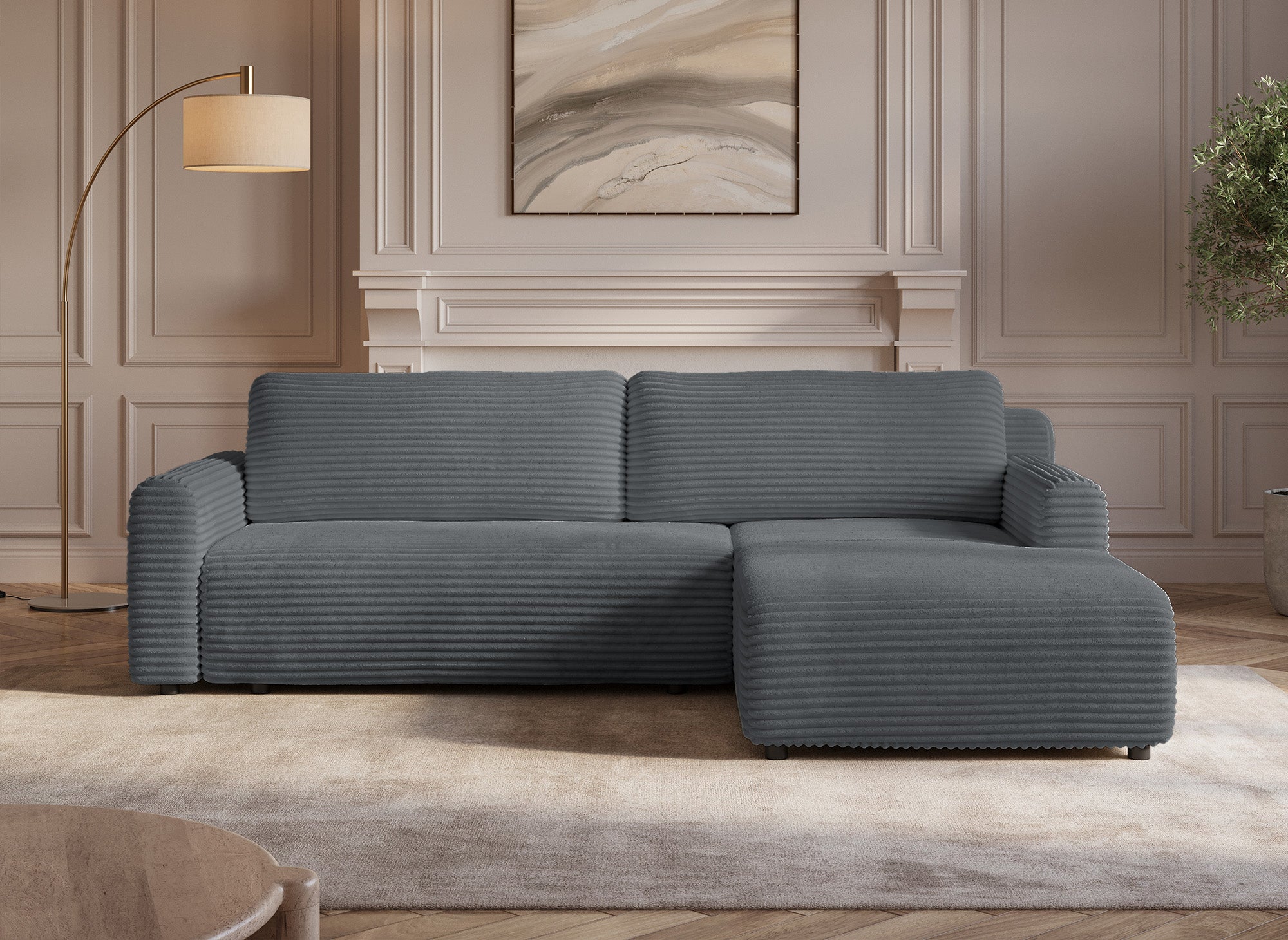 KATIA wendbares und umwandelbares Ecksofa mit Stauraum aus dickem dunkelgrauem Cord