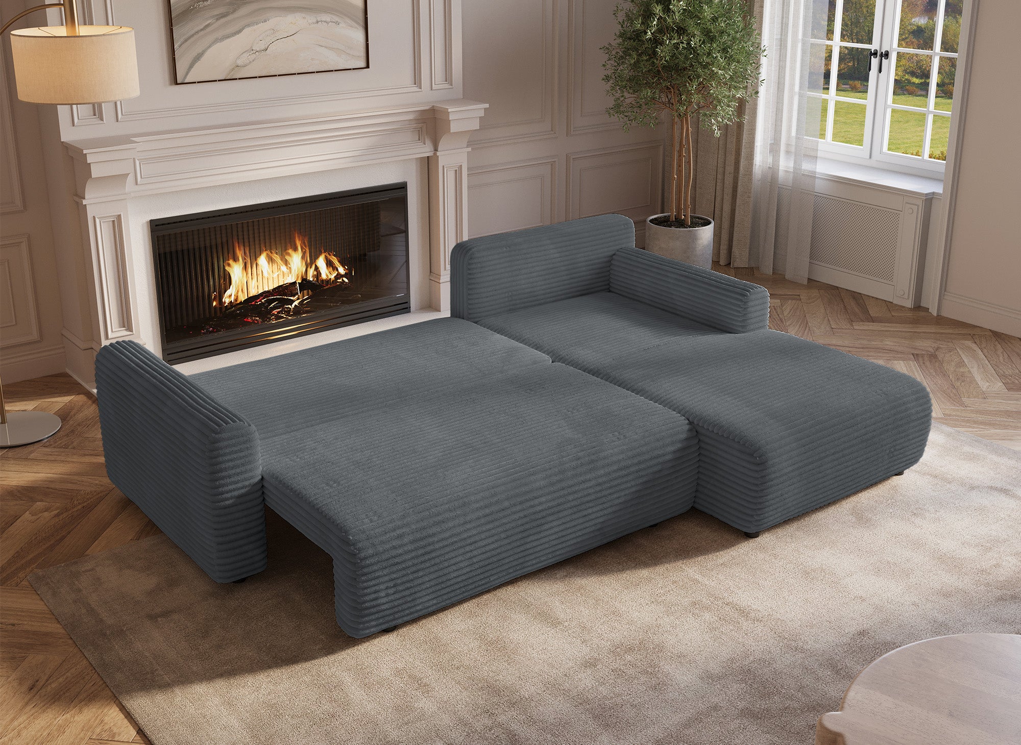 KATIA wendbares und umwandelbares Ecksofa mit Stauraum aus dickem dunkelgrauem Cord