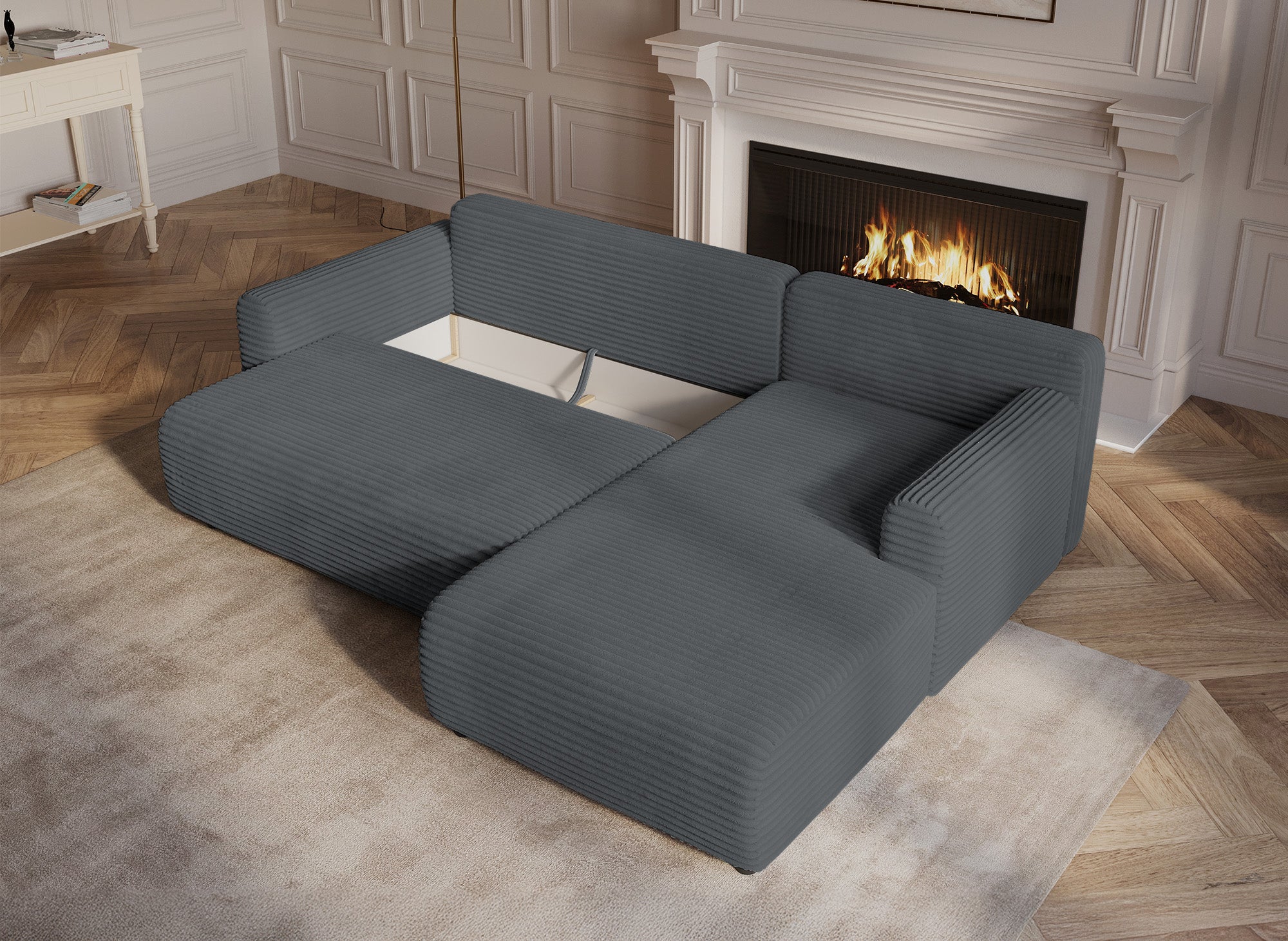 KATIA wendbares und umwandelbares Ecksofa mit Stauraum aus dickem dunkelgrauem Cord