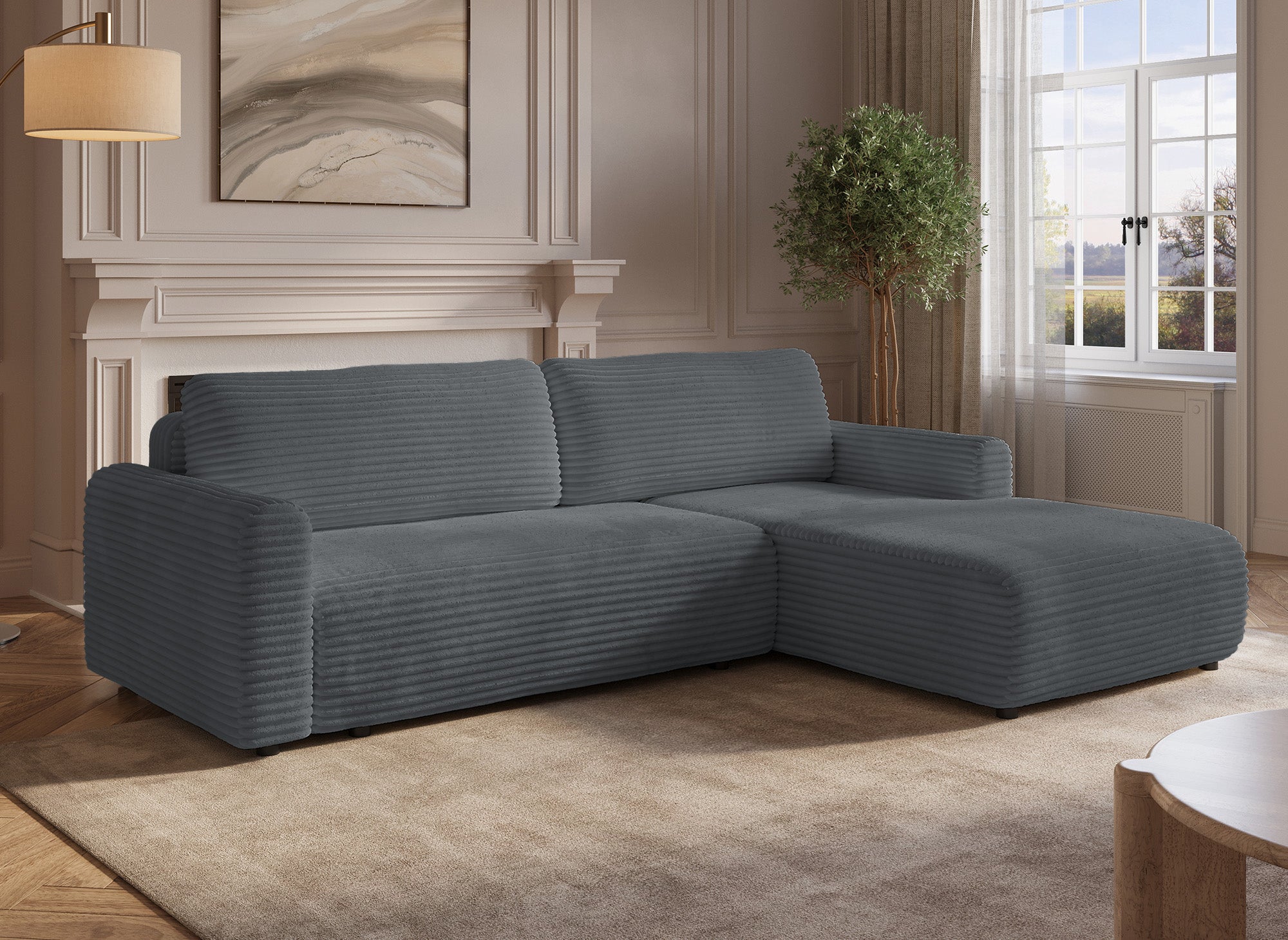 KATIA wendbares und umwandelbares Ecksofa mit Stauraum aus dickem dunkelgrauem Cord