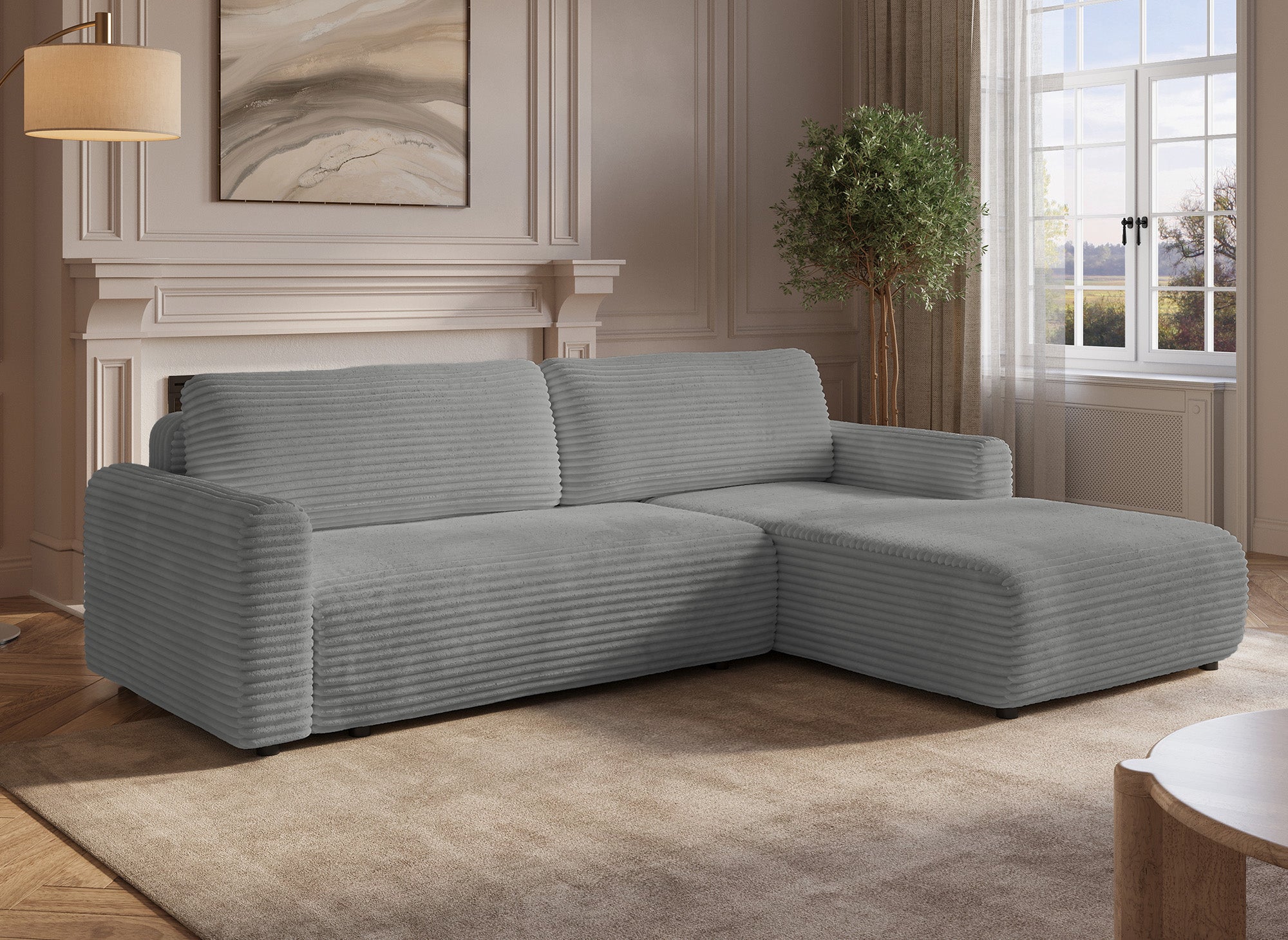 KATIA wendbares und umwandelbares Ecksofa mit Stauraum aus dickem hellgrauem Cord