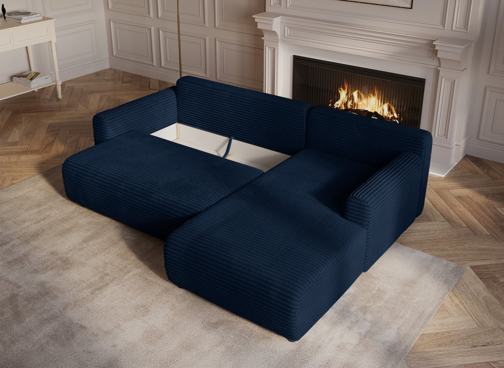 KATIA wendbares und umwandelbares Ecksofa mit Stauraum aus dickem dunkelblauem Cord