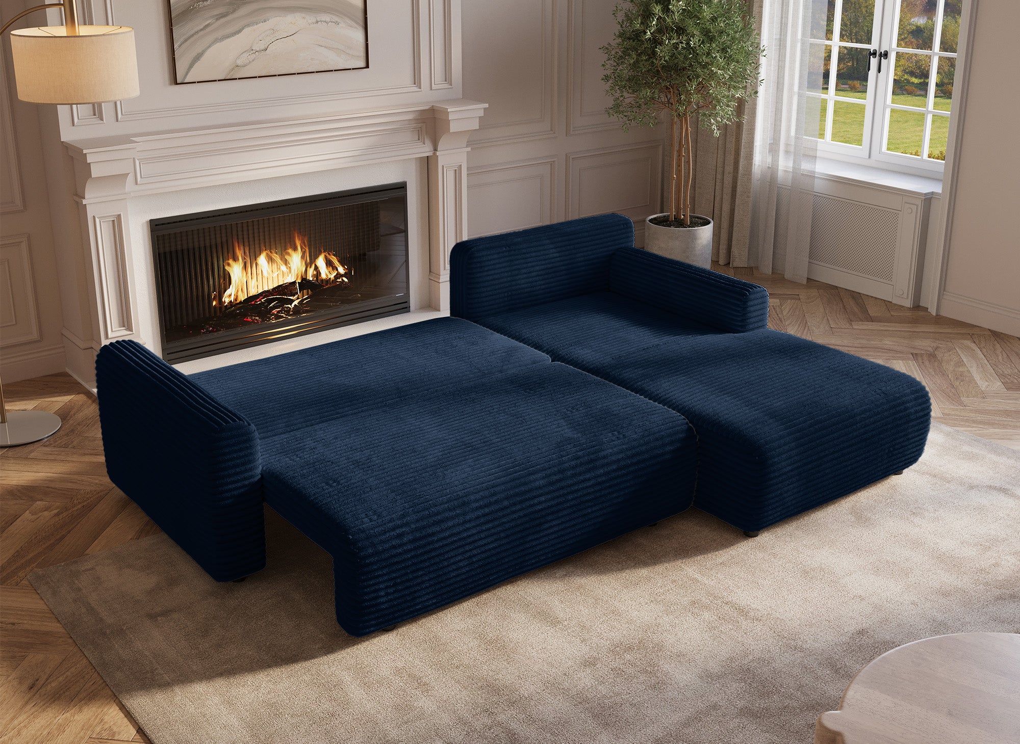 KATIA wendbares und umwandelbares Ecksofa mit Stauraum aus dickem dunkelblauem Cord