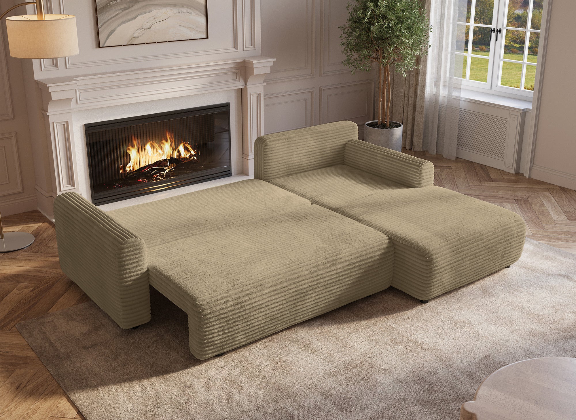 KATIA wendbares und umbaubares Ecksofa mit Stauraum aus dickem Taupe-Cord