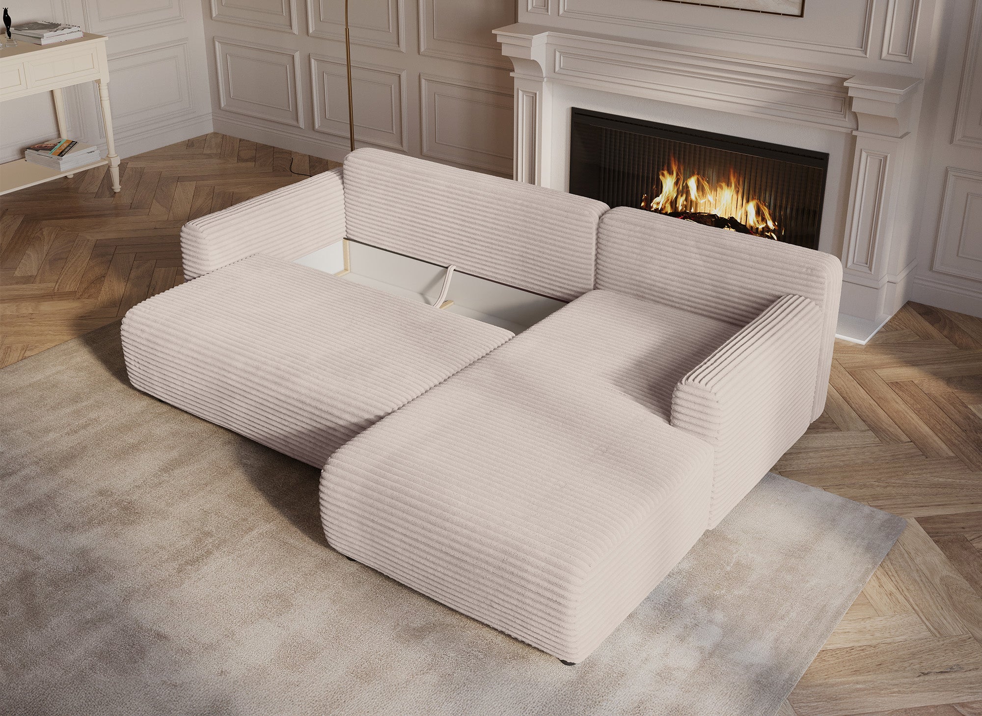 KATIA wendbares und umwandelbares Ecksofa mit Stauraum aus dickem, beigem Cord