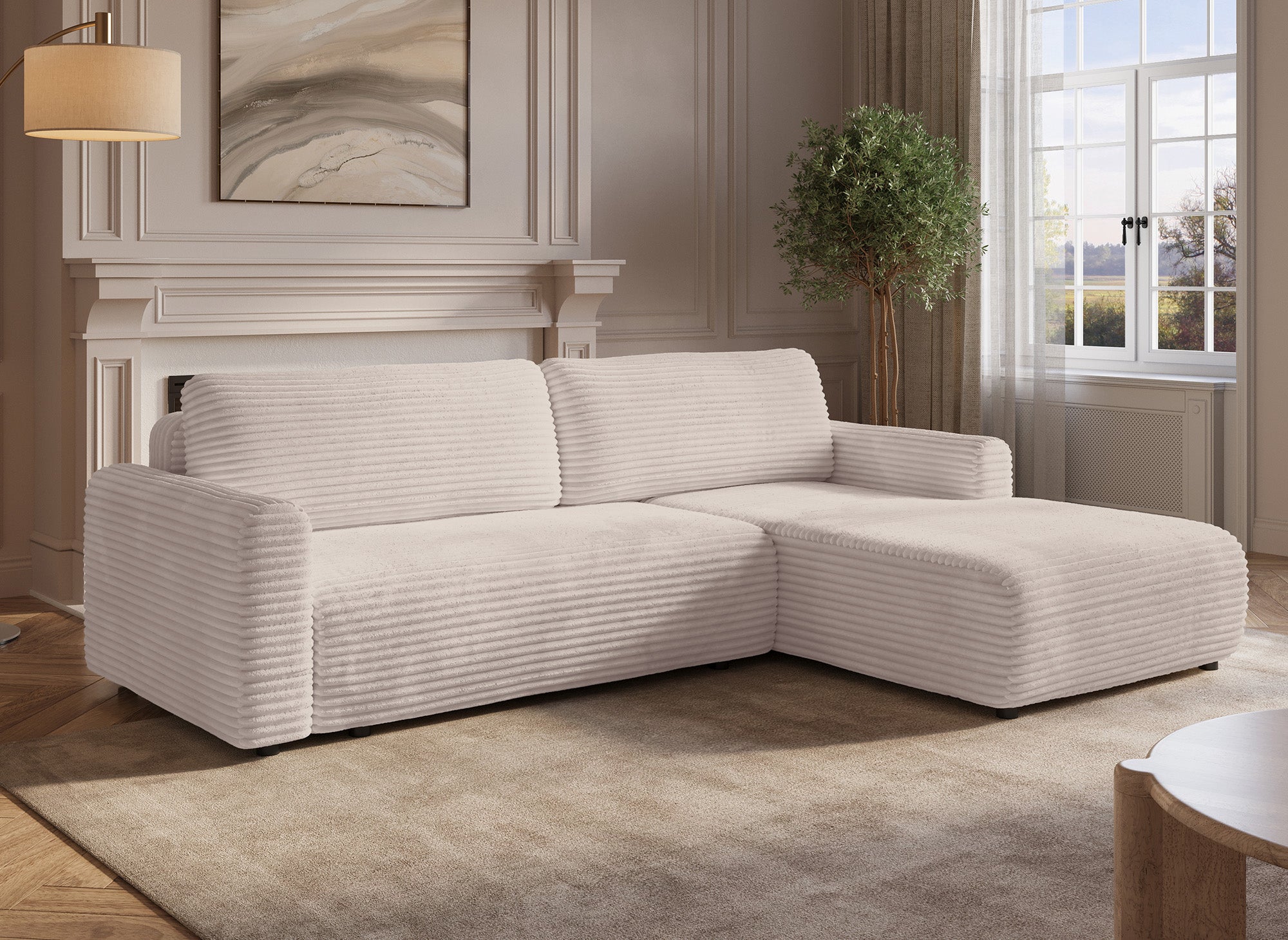 KATIA wendbares und umwandelbares Ecksofa mit Stauraum aus dickem, beigem Cord