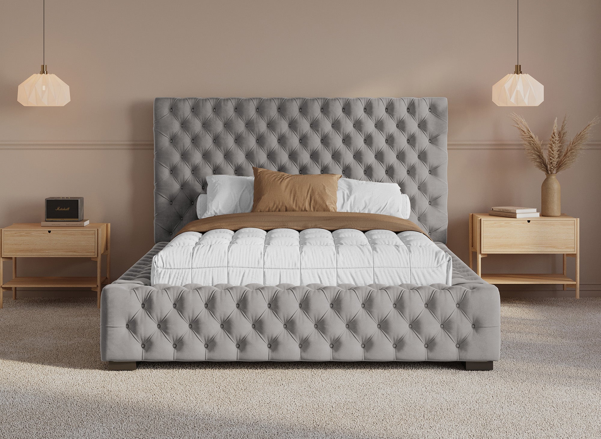 IDALINE Bett mit Stauraum und Polsterung aus grauem Samt 140 x 190 cm