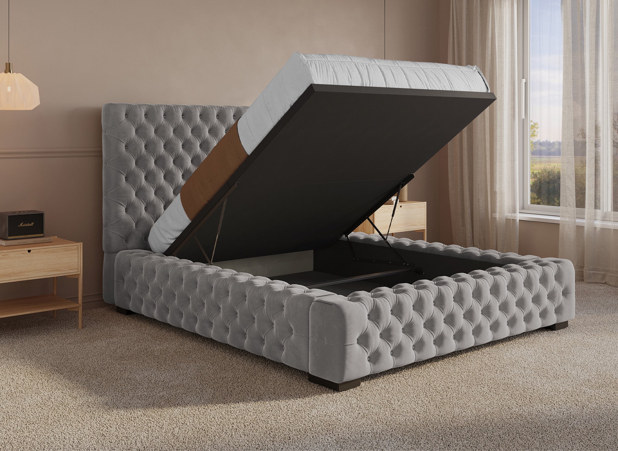 IDALINE Bett mit Stauraum und Polsterung aus grauem Samt 140 x 190 cm