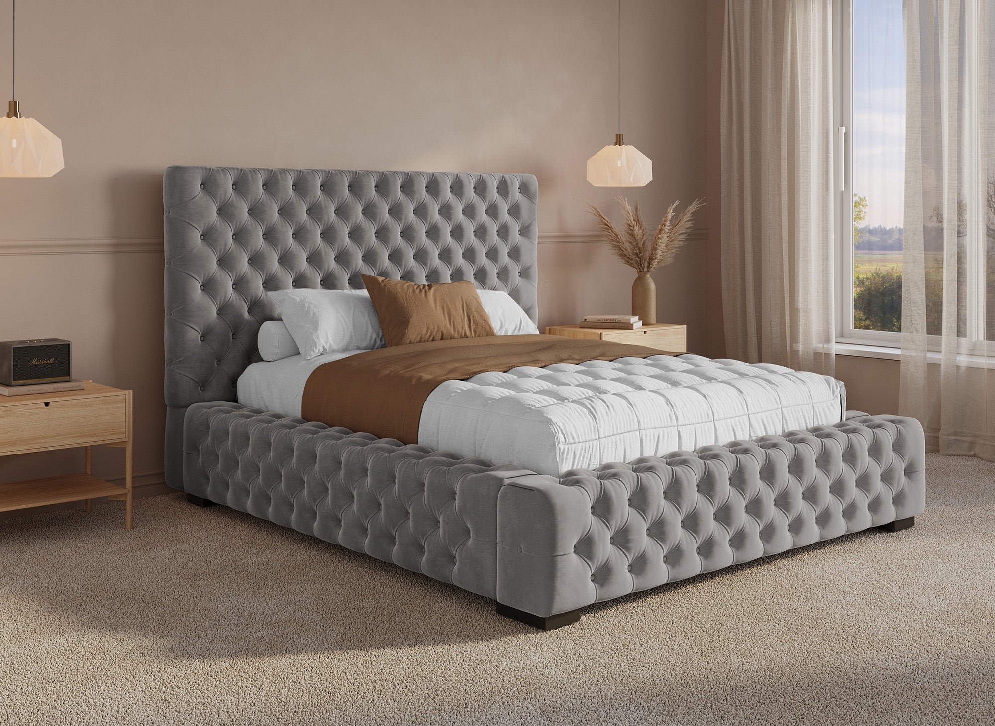 IDALINE Bett mit Stauraum und Polsterung aus grauem Samt 140 x 190 cm