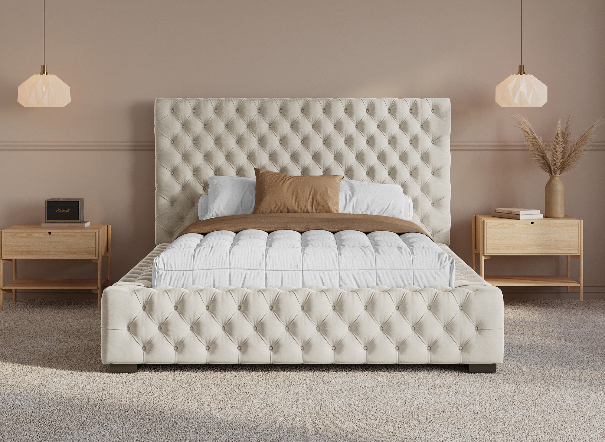 IDALINE beiges Samtpolsterbett mit Stauraum 140 x 190 cm