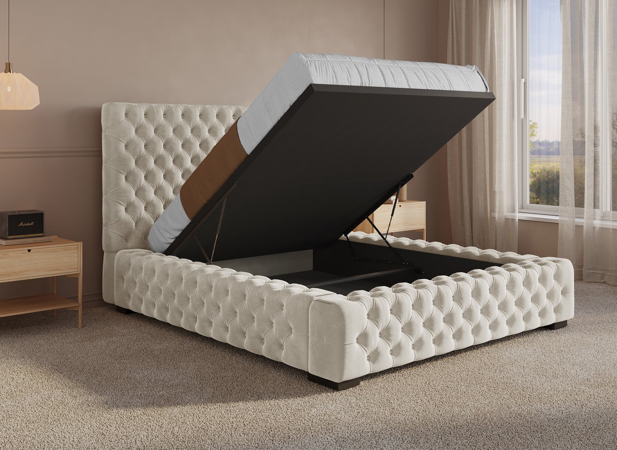IDALINE beiges Samtpolsterbett mit Stauraum 140 x 190 cm
