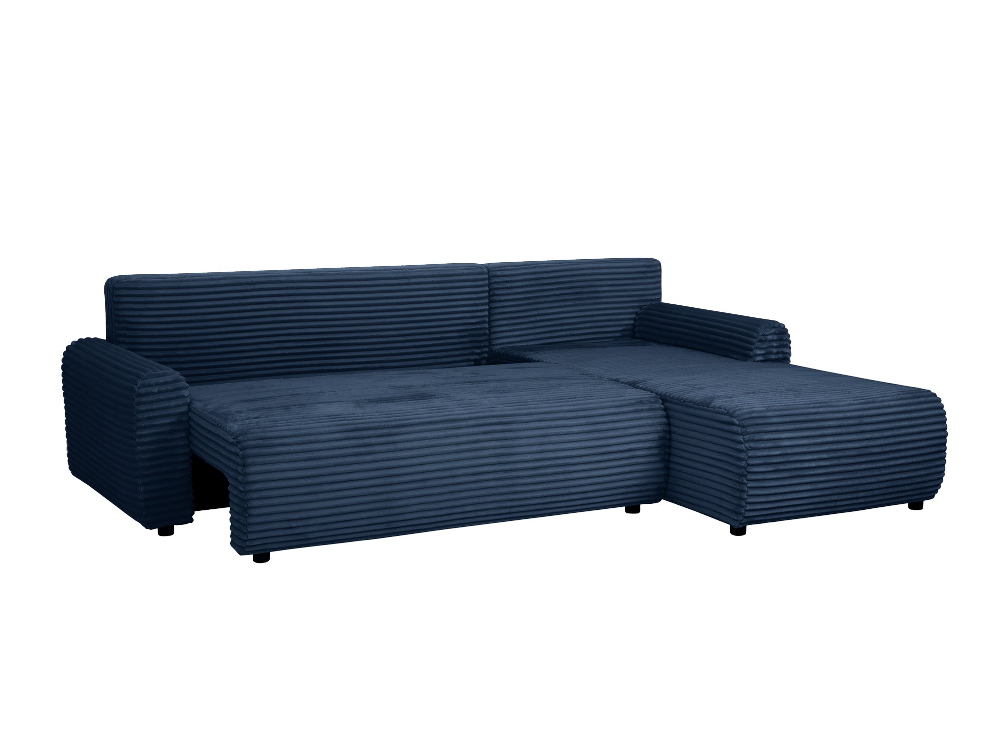 KATIA wendbares und umwandelbares Ecksofa mit Stauraum aus dickem dunkelblauem Cord
