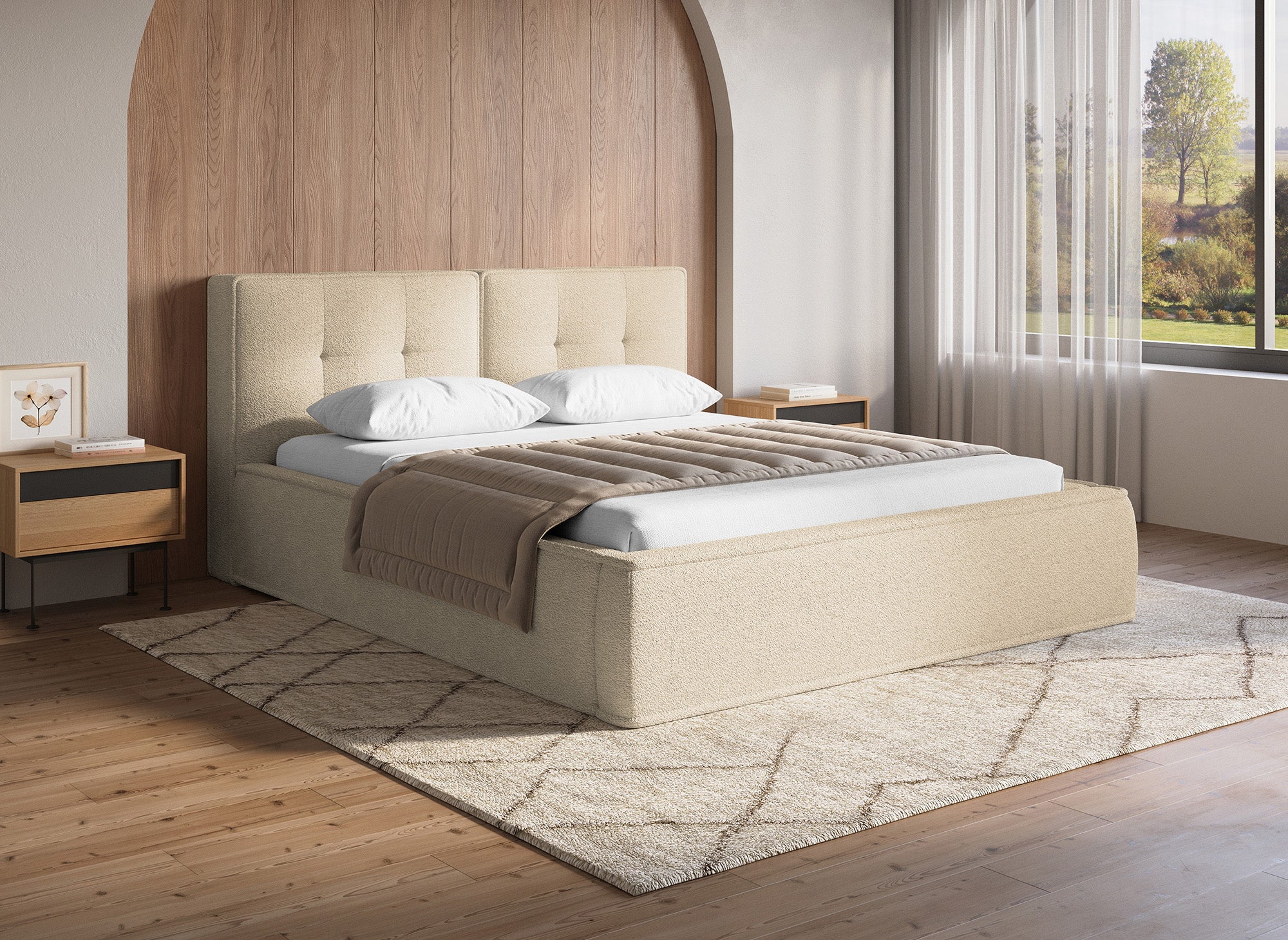 Doppelbett in beigem Frotteestoff 160x200cm YUNA