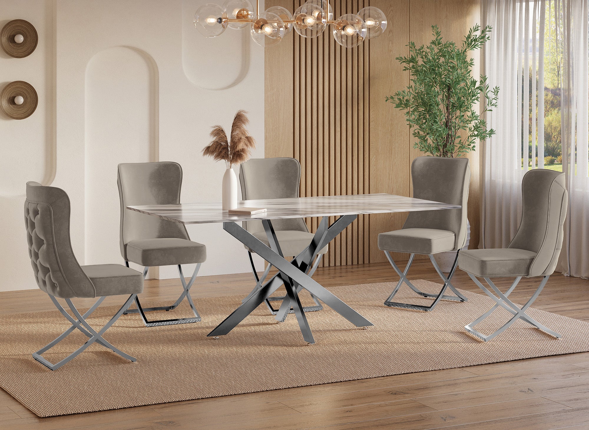 2er-Set beige Samtstühle mit silbernen Metallbeinen ETHAN