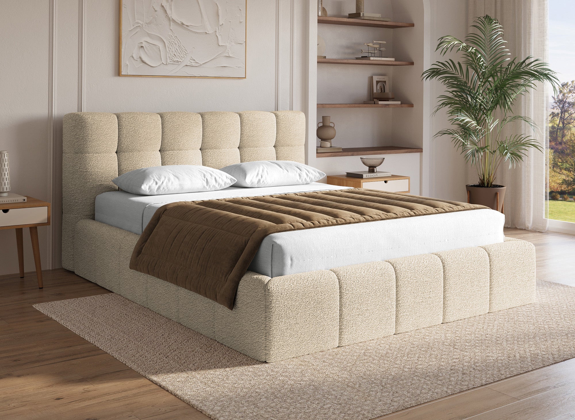 MILIE Bett mit Stauraum aus Frottee, beige, 160 x 200 cm