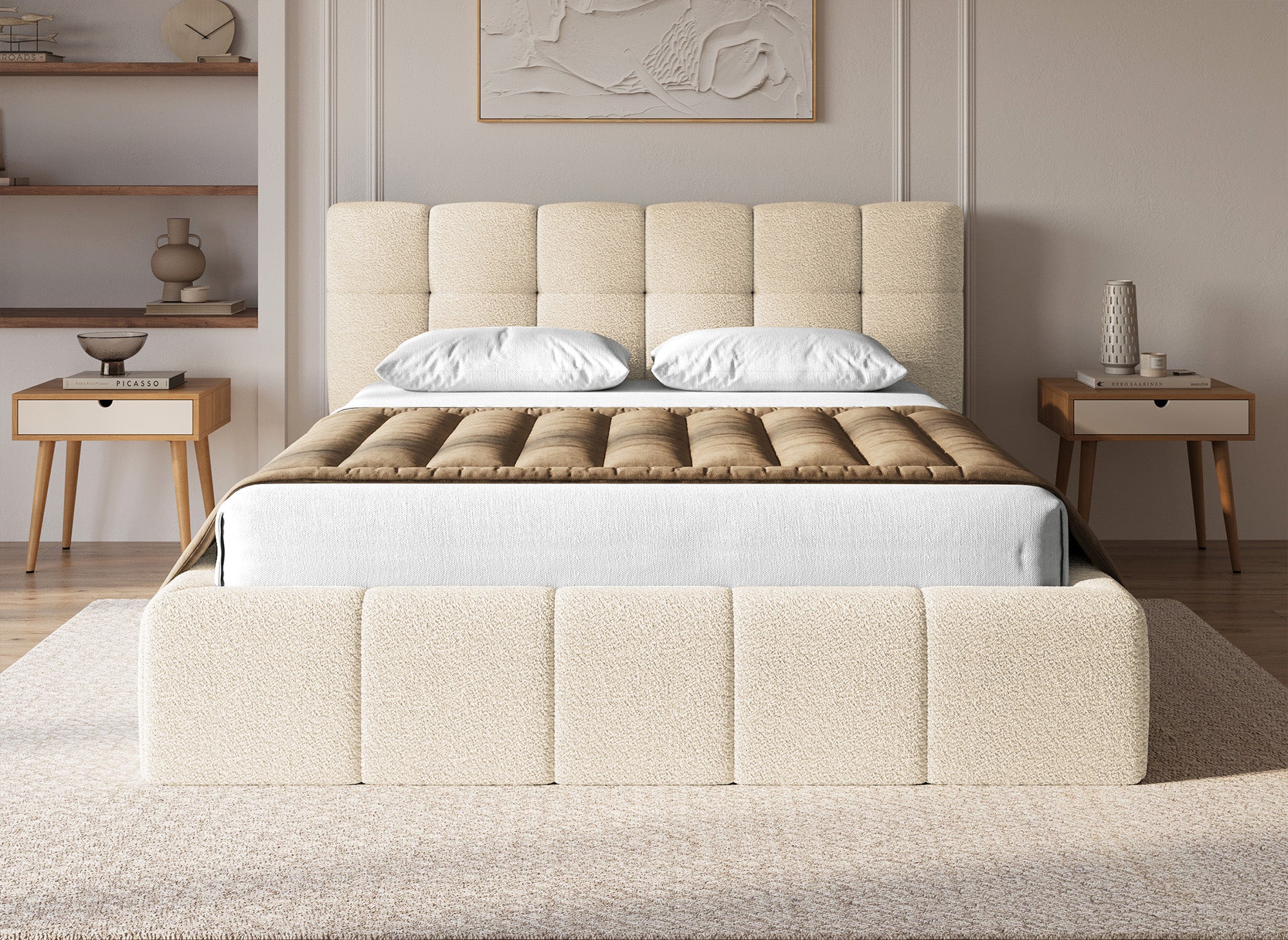 MILIE Bett mit Stauraum aus Frottee, beige, 140 x 190 cm