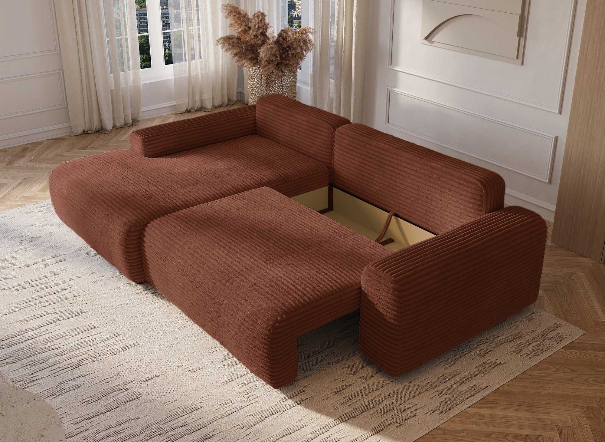 Ecksofa links mit Bettkasten aus dickem Cord in Terrakotta BALI - Ecke links