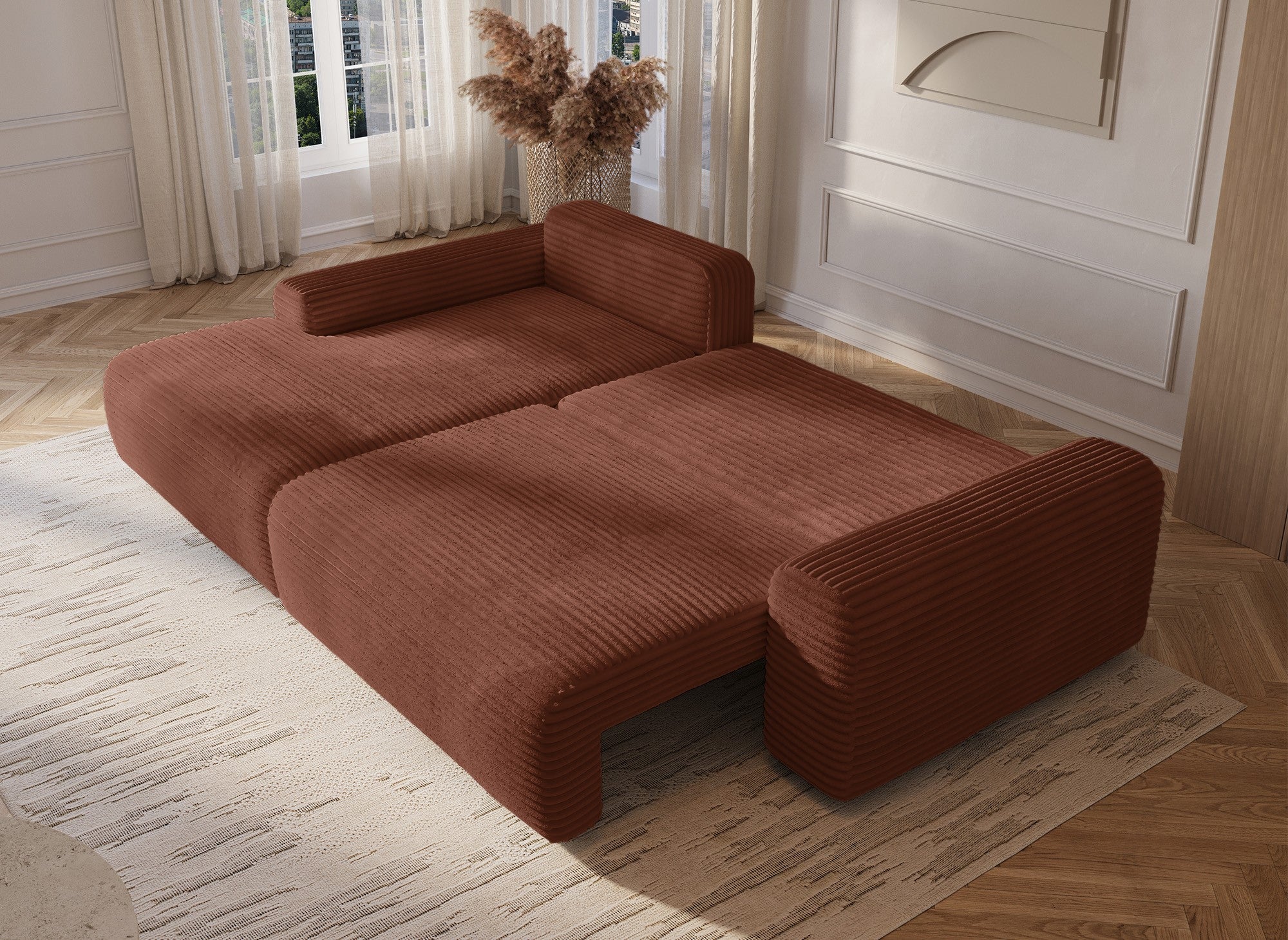 Ecksofa links mit Bettkasten aus dickem Cord in Terrakotta BALI - Ecke links