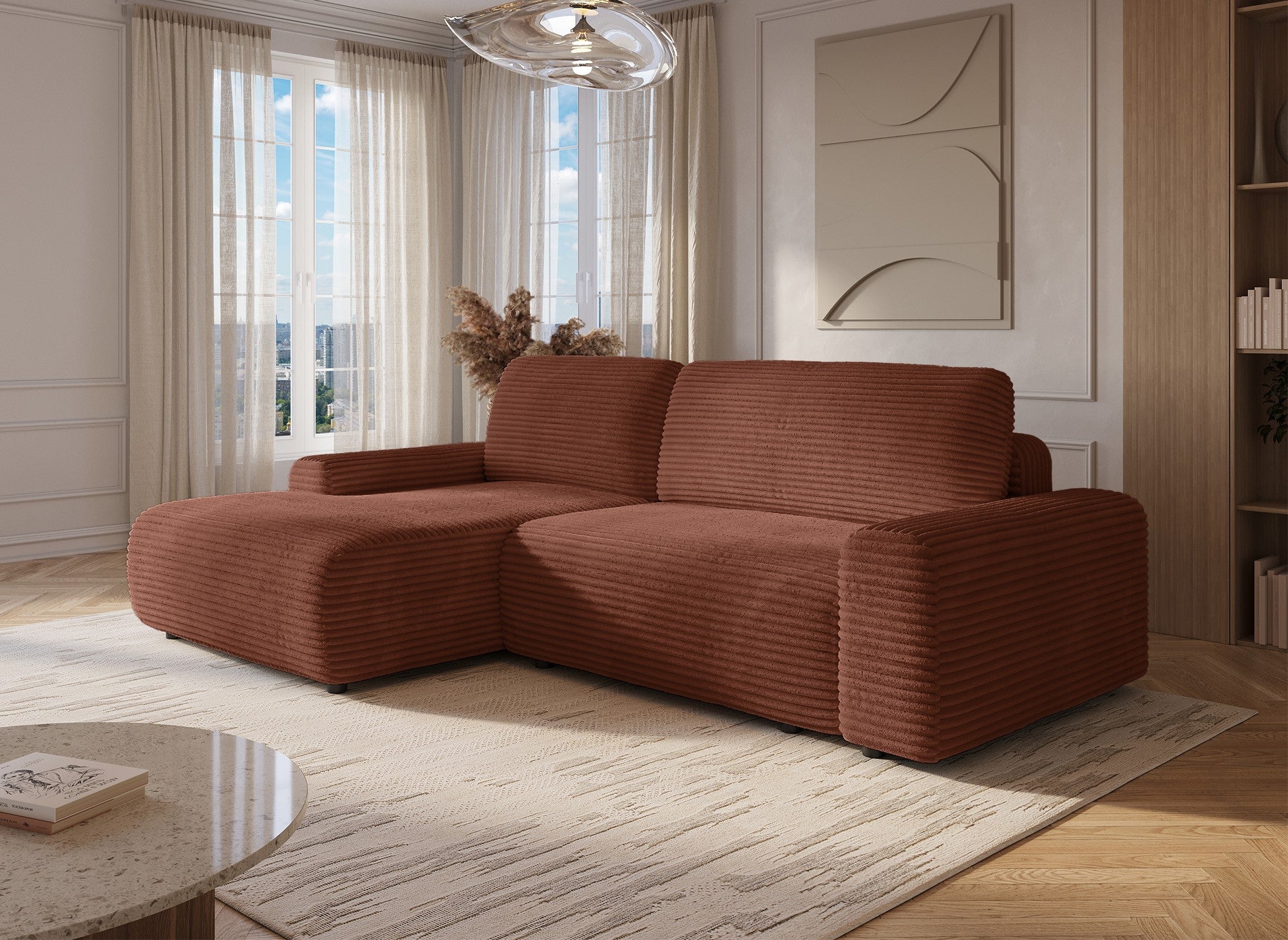 Ecksofa links mit Bettkasten aus dickem Cord in Terrakotta BALI - Ecke links