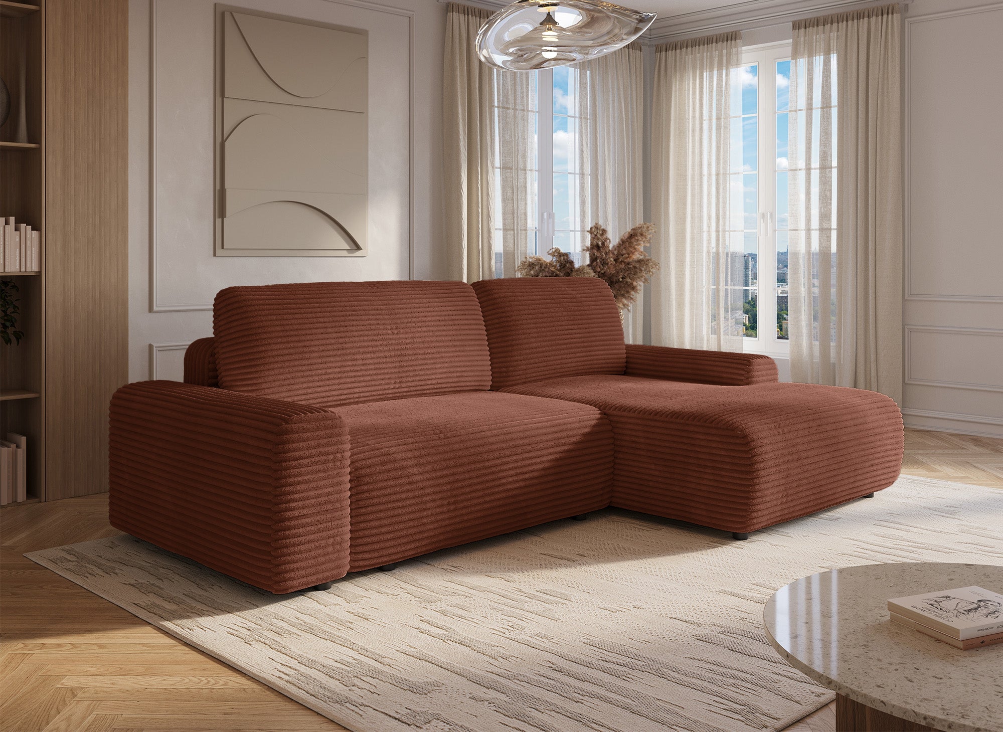 Ecksofa rechts mit Bettkasten aus dickem Cord in Terrakotta BALI - Ecke rechts