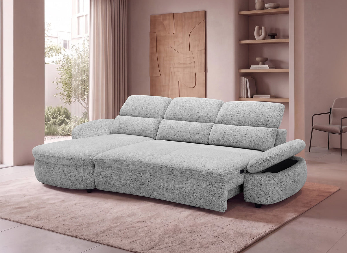 Elektrisches Relax-Ecksofa aus grauem Frotteestoff CLEMENT – Linke Ecke