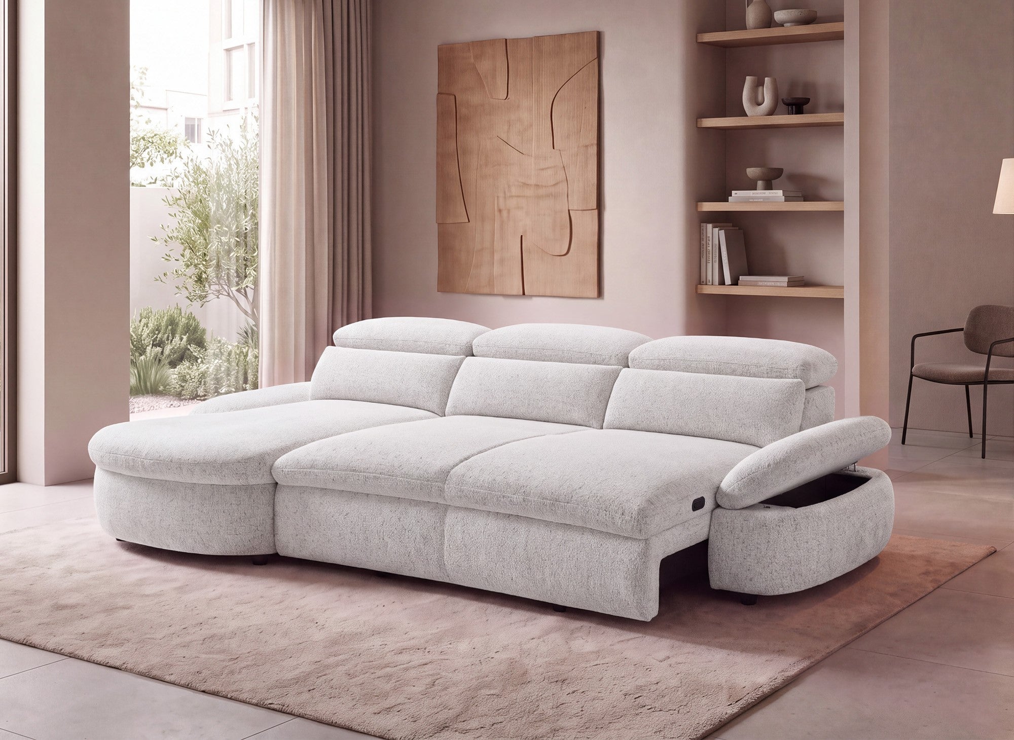 Elektrisches Relax-Ecksofa aus beigem Frotteestoff CLEMENT – Linke Ecke