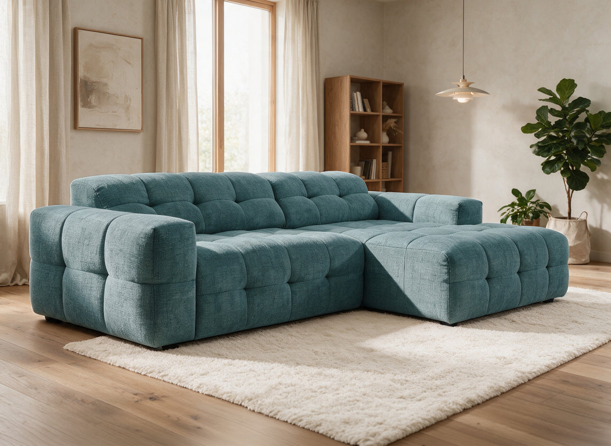 Entspanntes Ecksofa aus blauem strukturiertem Samt FEDORA – Ecke rechts