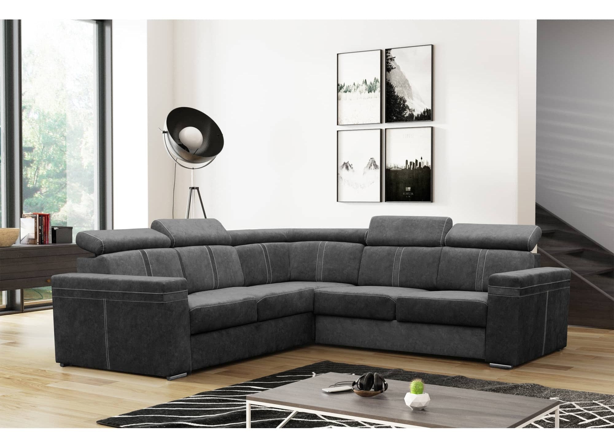 MERYL umwandelbares und wendbares Ecksofa aus dunkelgrauem Stoff