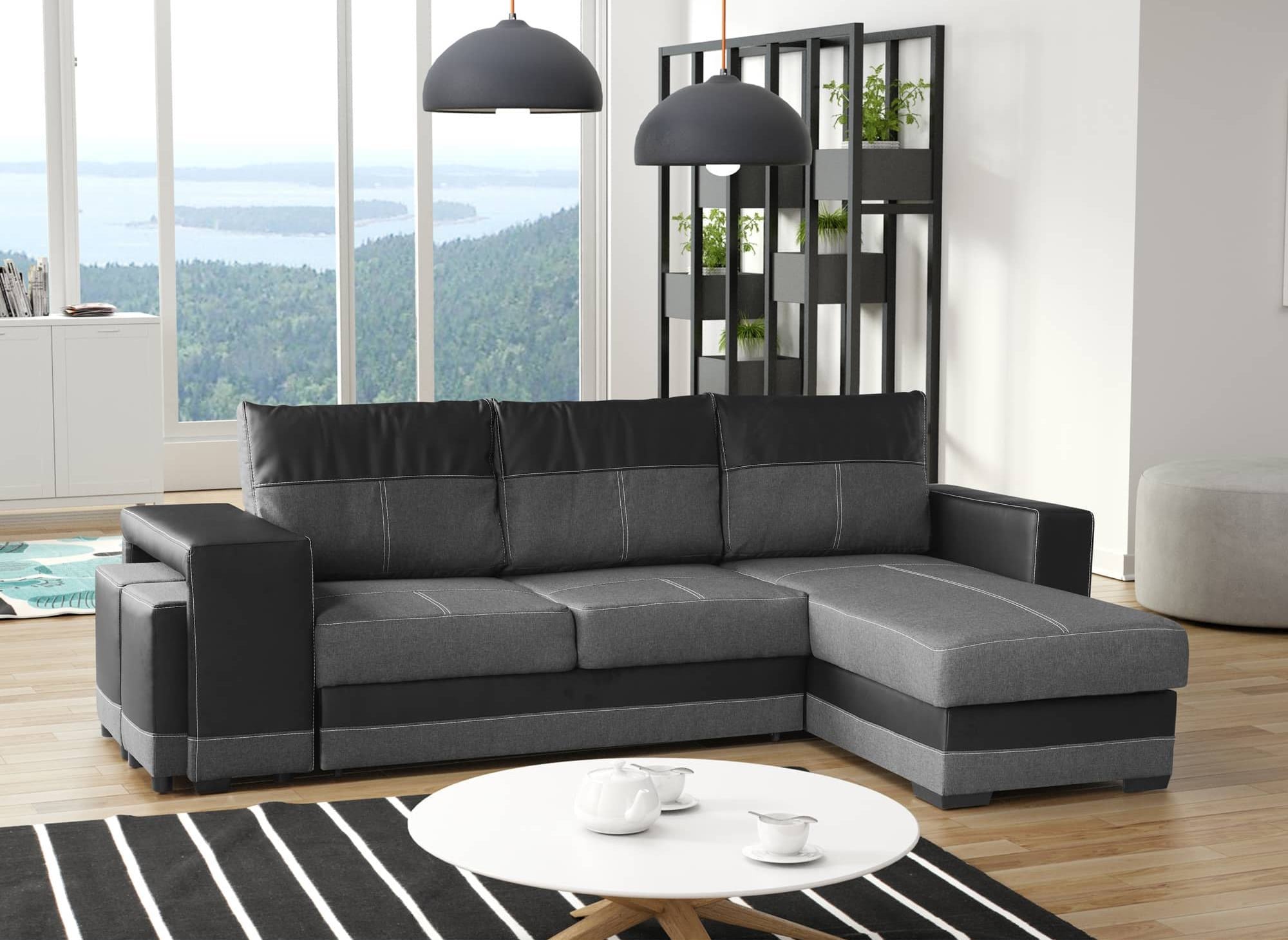 Wendbares Ecksofa mit Stauraum und 2 schwarzen und anthrazitfarbenen Poufs LISBON