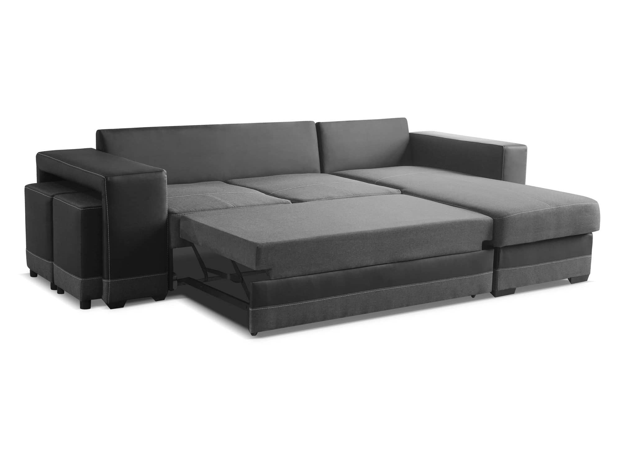 Wendbares Ecksofa mit Stauraum und 2 schwarzen und anthrazitfarbenen Poufs LISBON