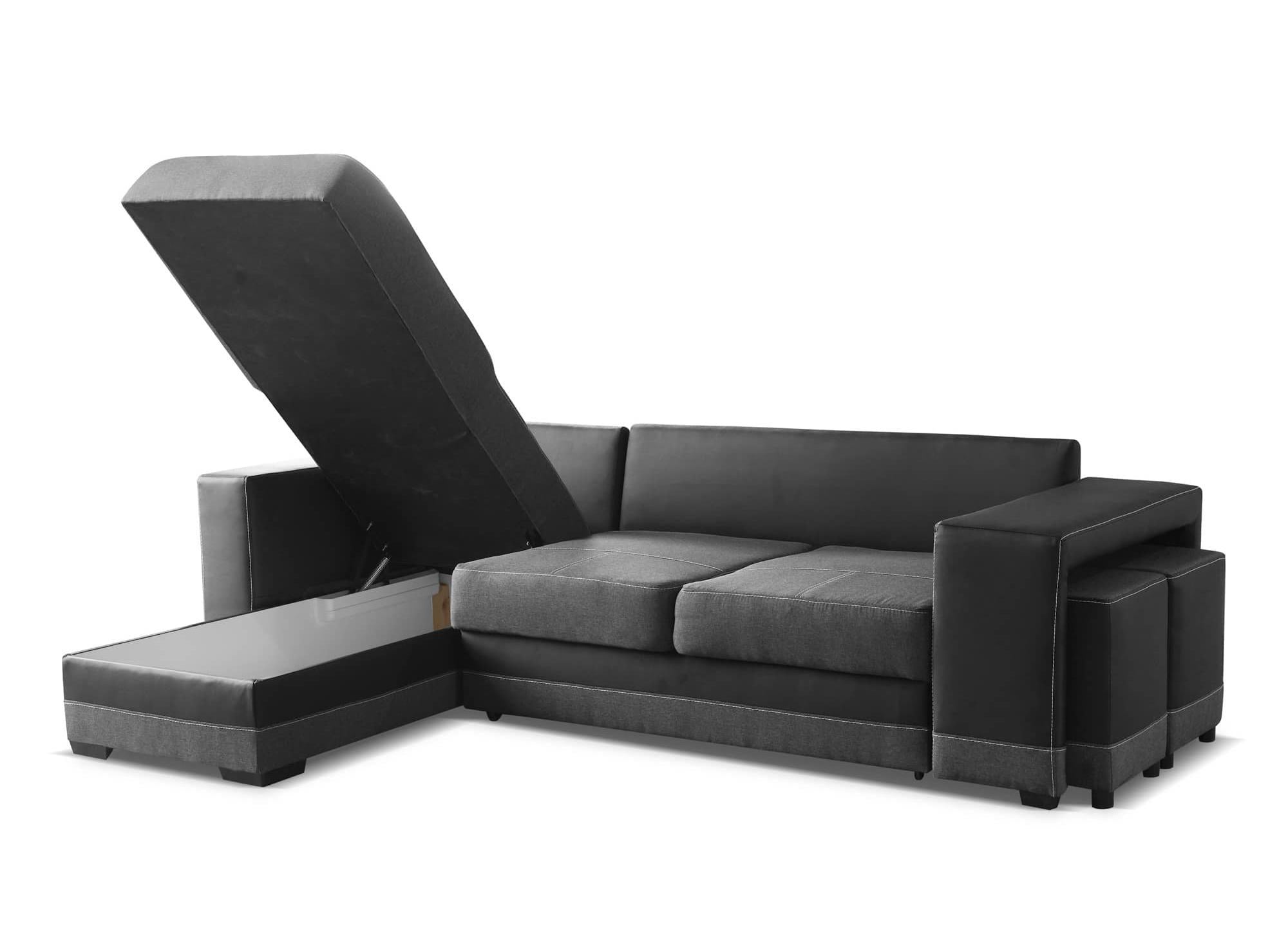 Wendbares Ecksofa mit Stauraum und 2 schwarzen und anthrazitfarbenen Poufs LISBON
