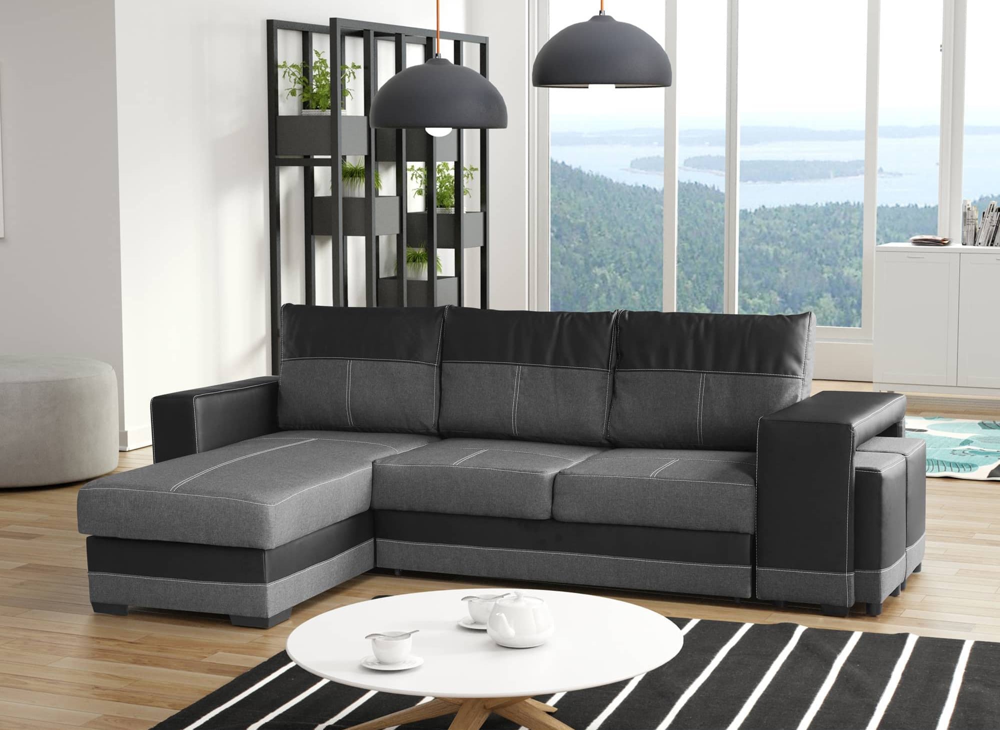 Wendbares Ecksofa mit Stauraum und 2 schwarzen und anthrazitfarbenen Poufs LISBON