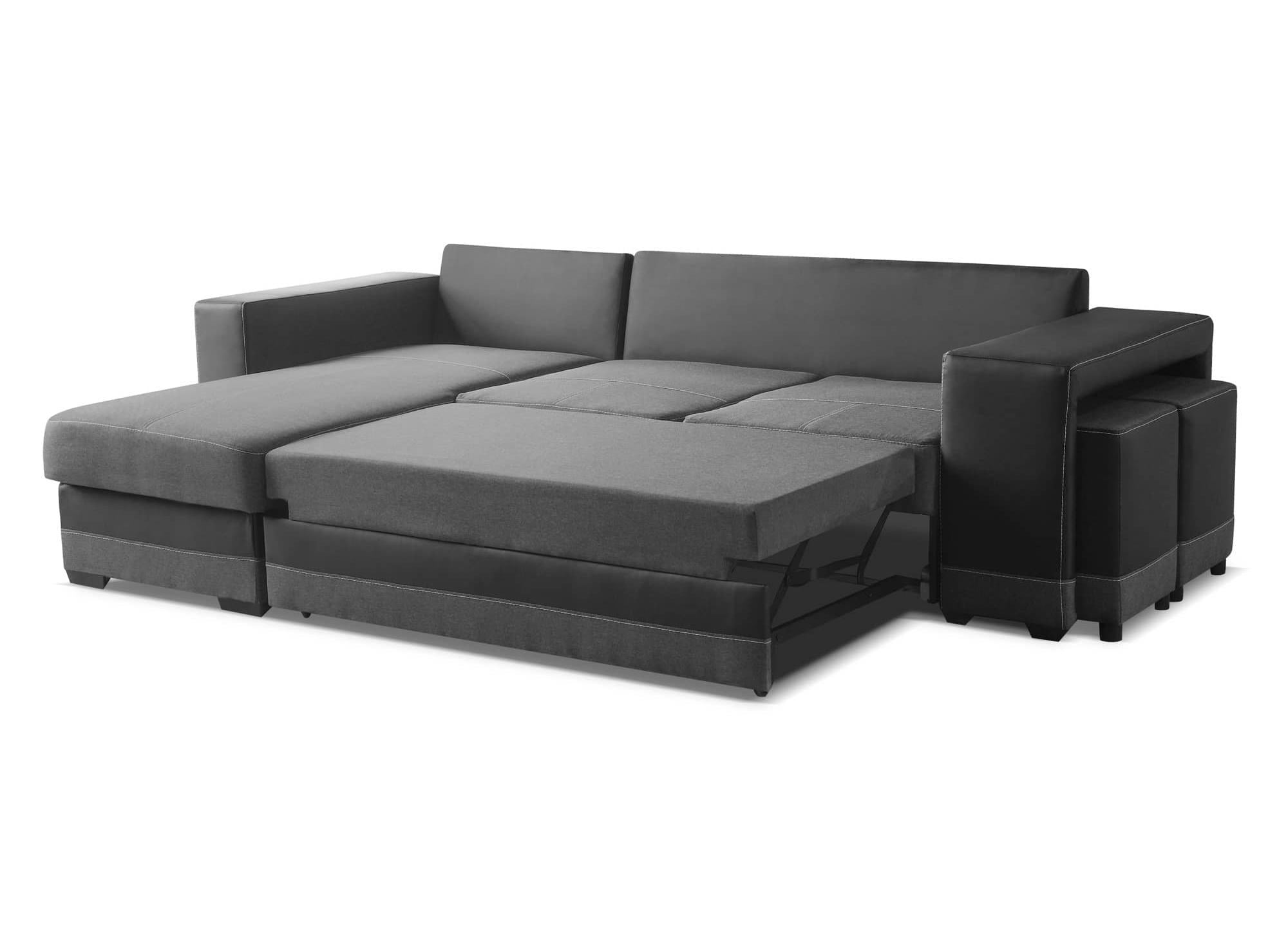 Wendbares Ecksofa mit Stauraum und 2 schwarzen und anthrazitfarbenen Poufs LISBON