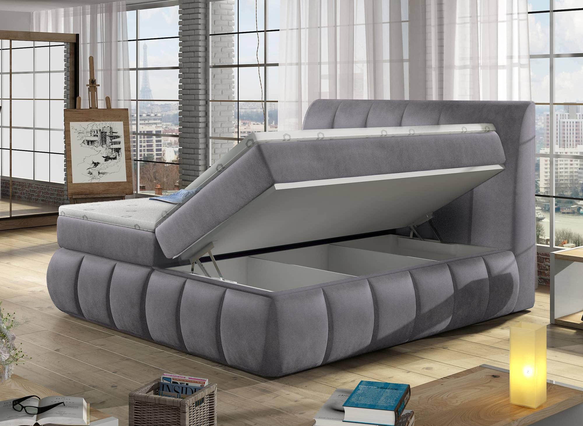 Boxspringbett 160x200 mit Stauraum in grauem Samt - VALERIA