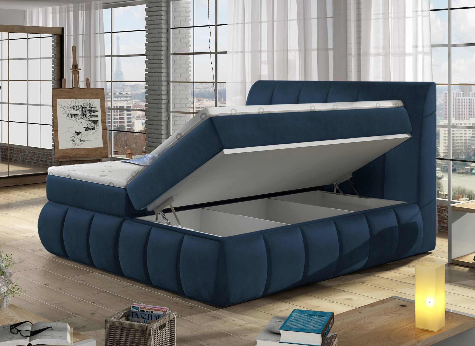 VALERIA 160x200 Boxspringbett mit Stauraum in dunkelblauem Samt
