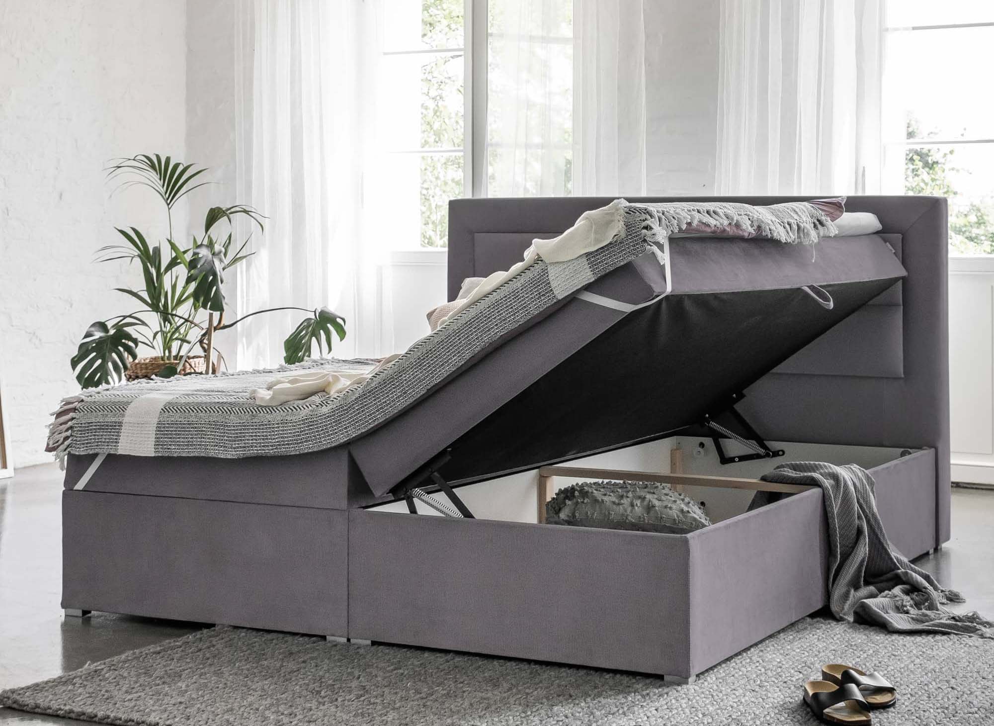 180x200 Boxspringbett mit Stauraum in grauem Samt - DAKOTA