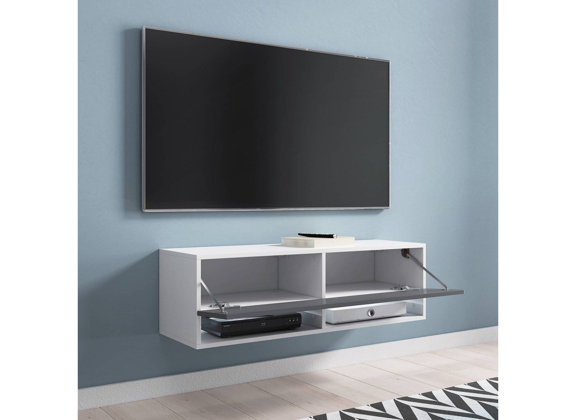 ROMANE TV-Wandschrank mit 1 Tür und 2 Nischen, weiß und grau – 100 cm