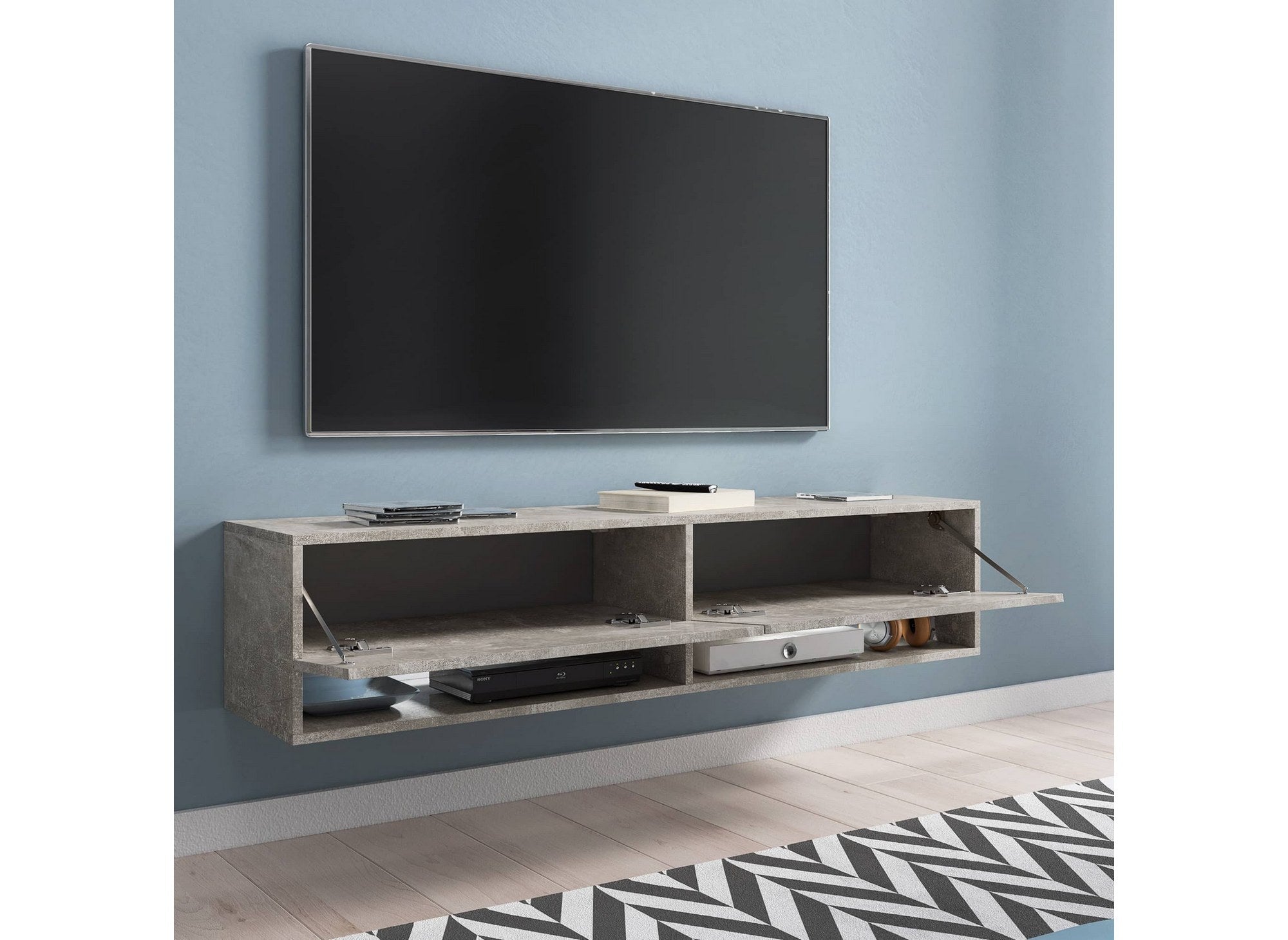 ROMANE XL Betongrauer TV-Wandschrank mit 2 Türen und 2 Fächern - 140 cm