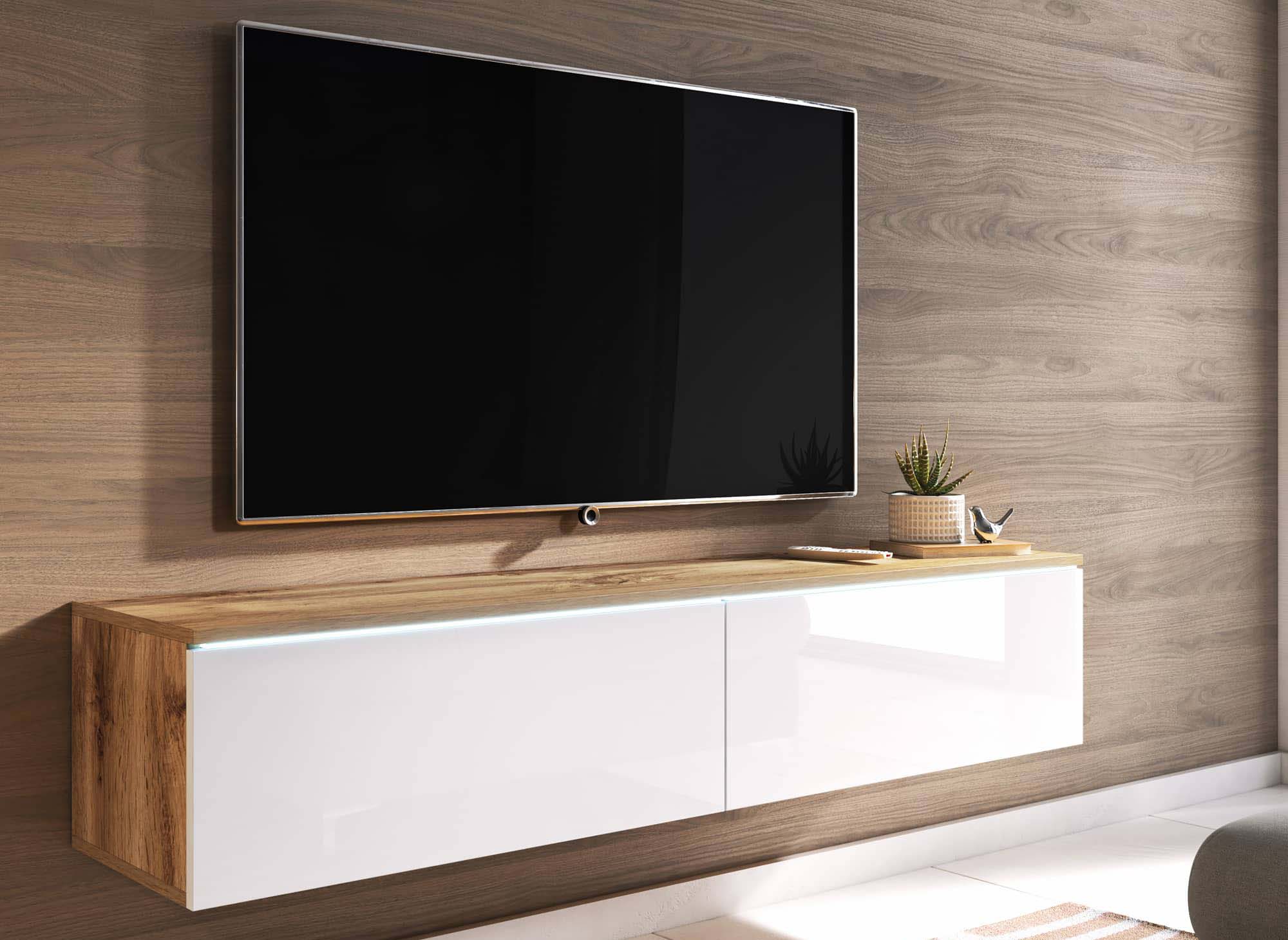 Moderner TV-Schrank aus Eiche und weiß lackiert mit LED 2 Türen MALORIE - 140 cm