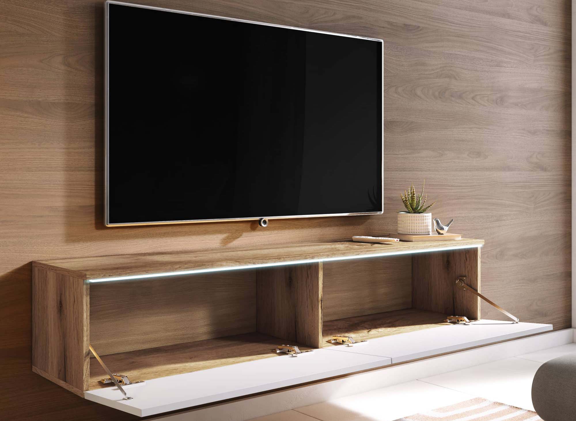 Moderner TV-Schrank aus Eiche und weiß lackiert mit LED 2 Türen MALORIE - 140 cm