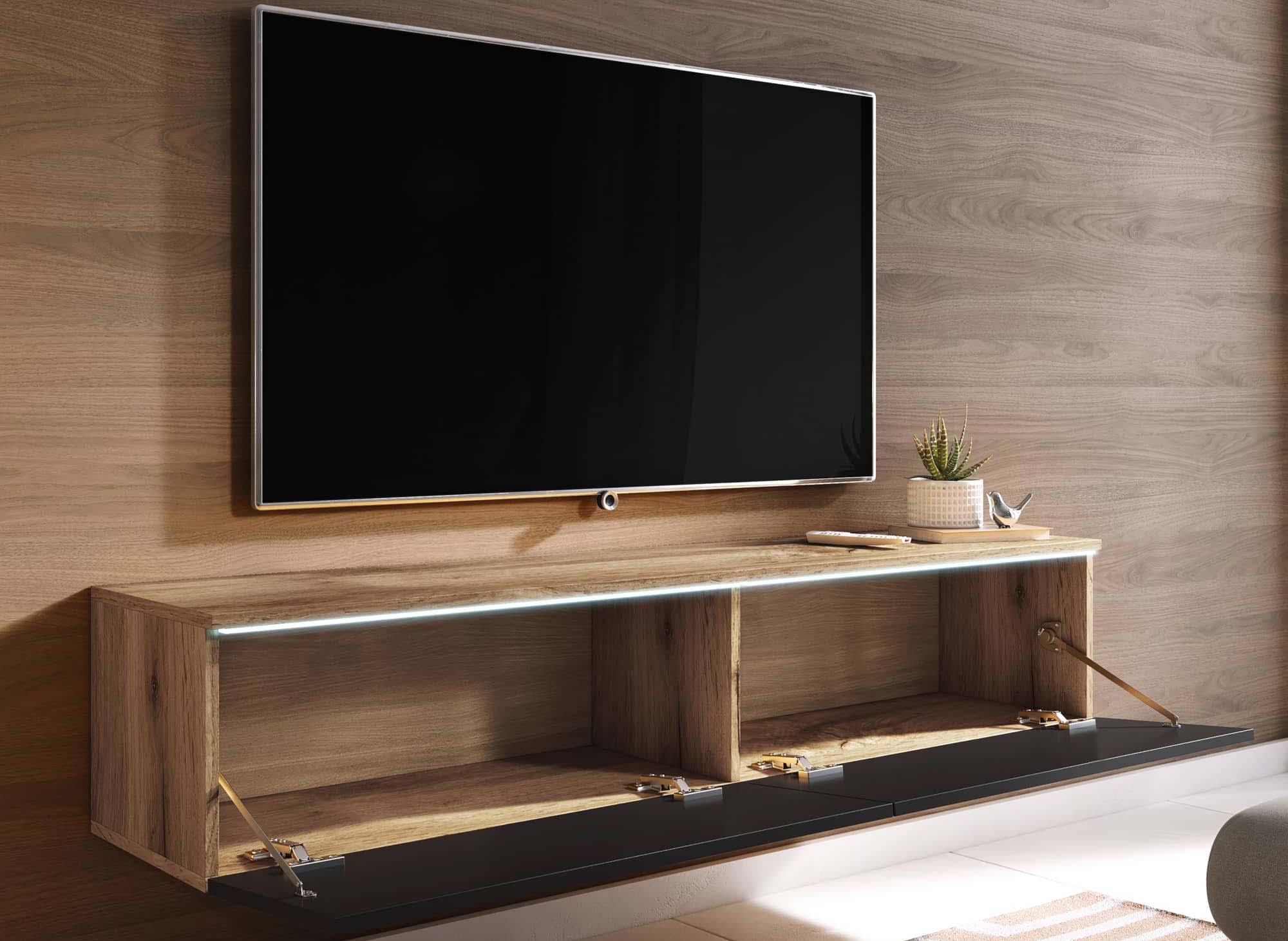MALORIE 2-türiger TV-Schrank aus gealterter Eiche und schwarz lackiert mit LED-Beleuchtung - 140 cm