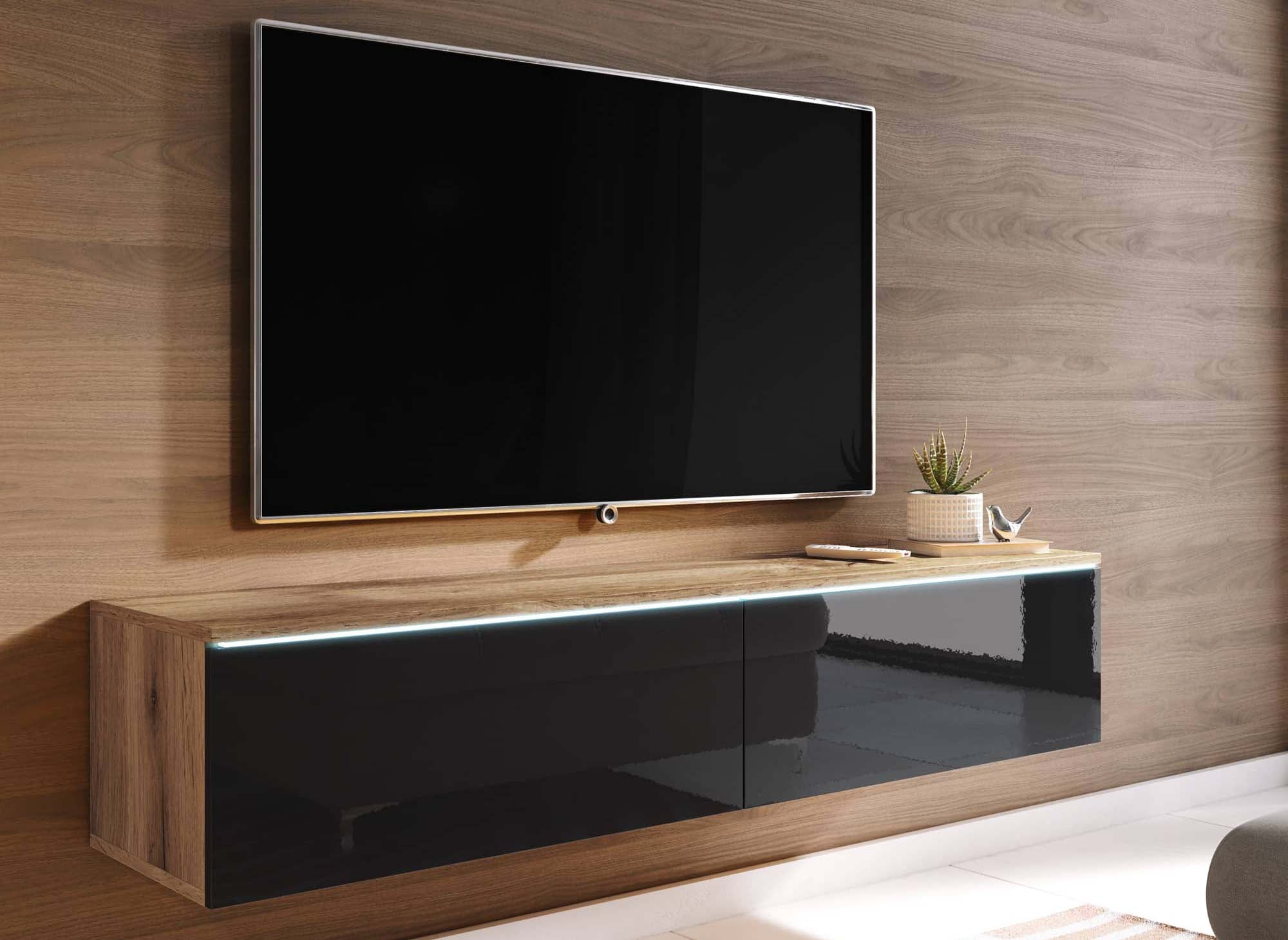 MALORIE 2-türiger TV-Schrank aus gealterter Eiche und schwarz lackiert mit LED-Beleuchtung - 140 cm