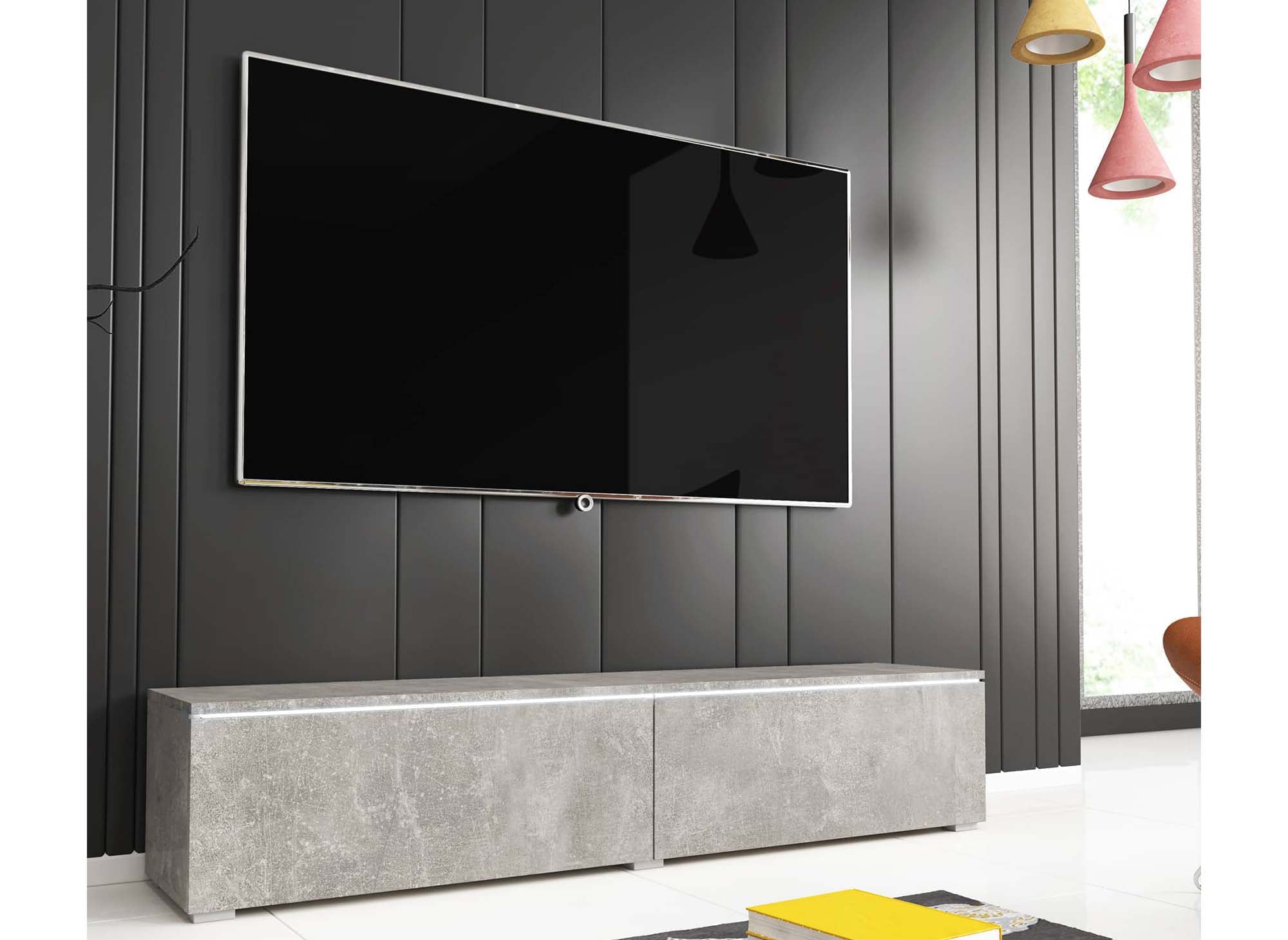 MALORIE moderner TV-Schrank in Betongrau mit LED, 2 Türen, 140 cm